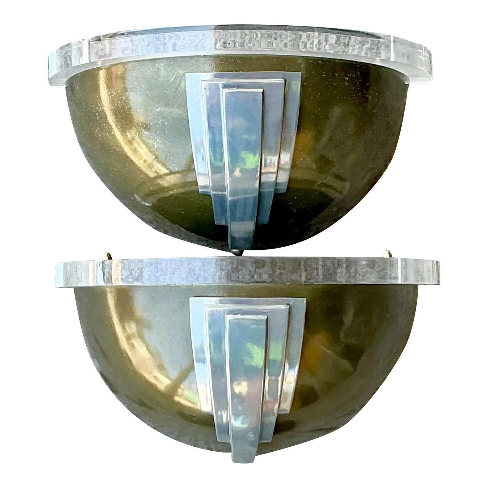 Vintage Boho Lucite Metal Deco Sconce Pair Retro Brass: Vintage Boho Lucite Metal Deco Sconce Pair Retro Brass Enhance your ambiance with this pair of vintage Boho lucite and metal deco light sconces. These sconces feature a harmonious blend of Art Deco de