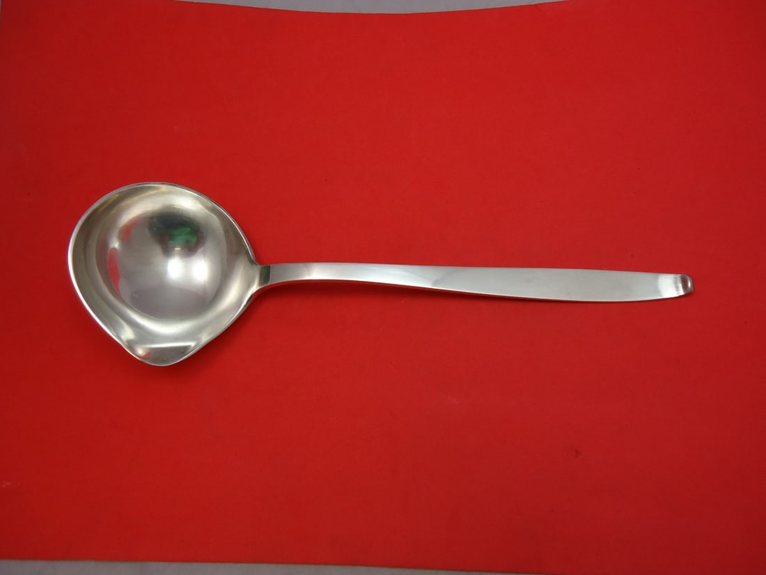 Evald Nielsen Funkis aka Sterling Silver Soup Ladle 12" with Spout: Evald Nielsen Funkis aka Sterling Silver Soup Ladle 12" with Spout This elegant soup ladle features a sleek design in the Funkis aka pattern by renowned Danish silversmith Evald Nielsen. Crafted from 