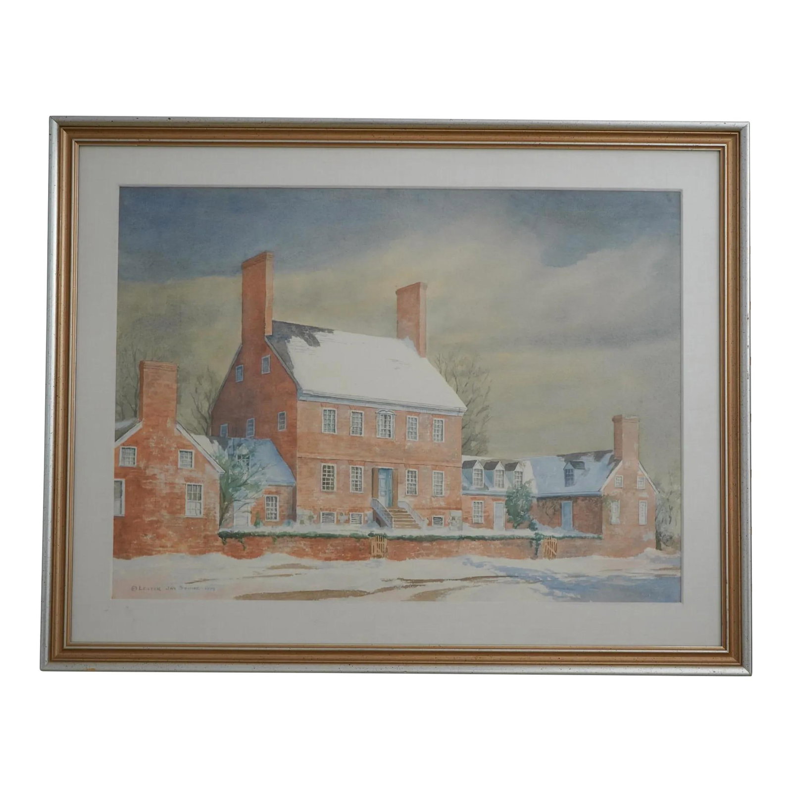 Lester Jay Stone 1974 Framed Williamsburg Print Gold Silver Frame: Lester Jay Stone 1974 Framed Williamsburg Print Gold Silver Frame This exquisite framed and matted print by Lester Jay Stone, dating back to approximately 1974, beautifully depicts a colonial Williams