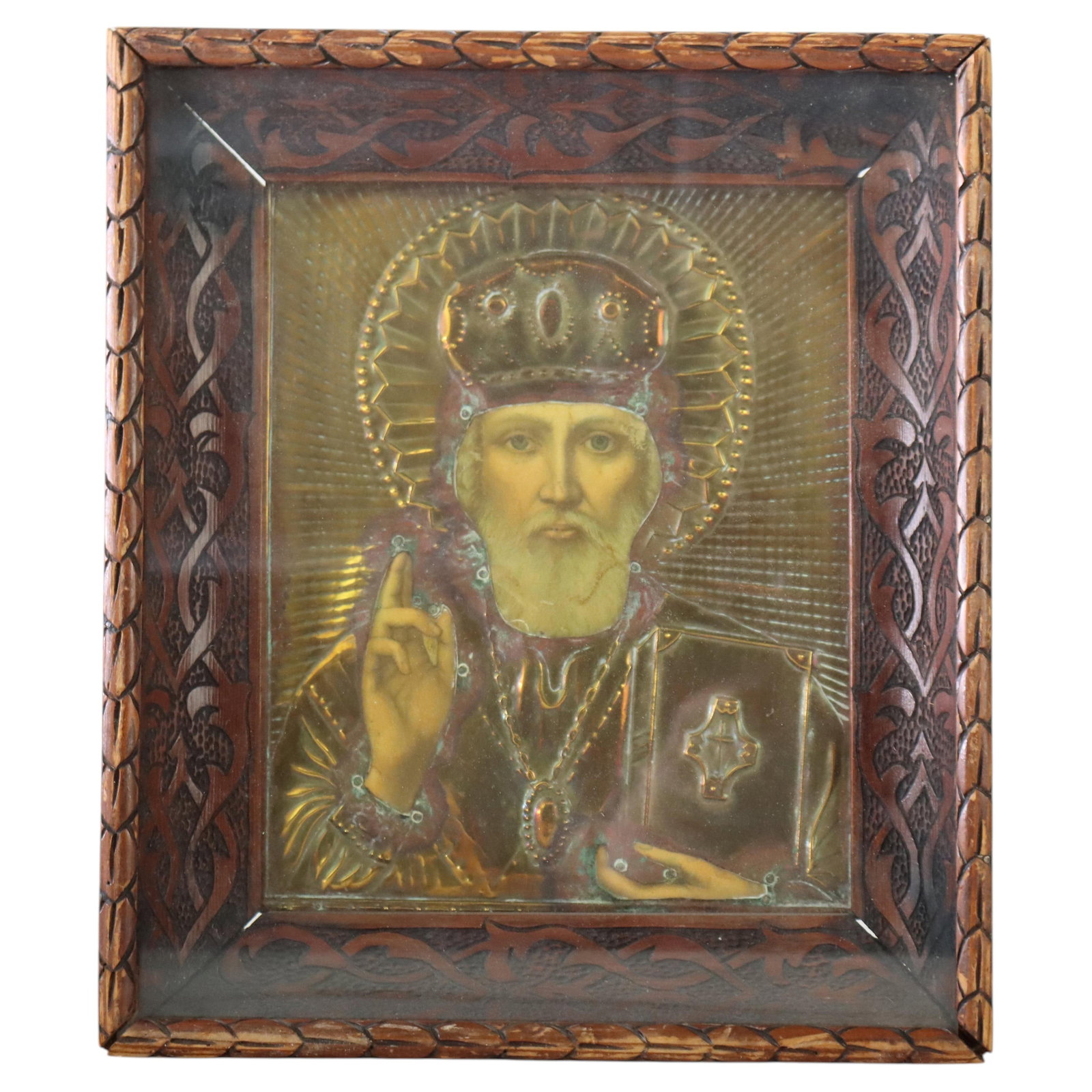 St. Nicholas Russian Icon with Brass Oklad in Carved Shadow Box Frame c1920 (1 of 6)