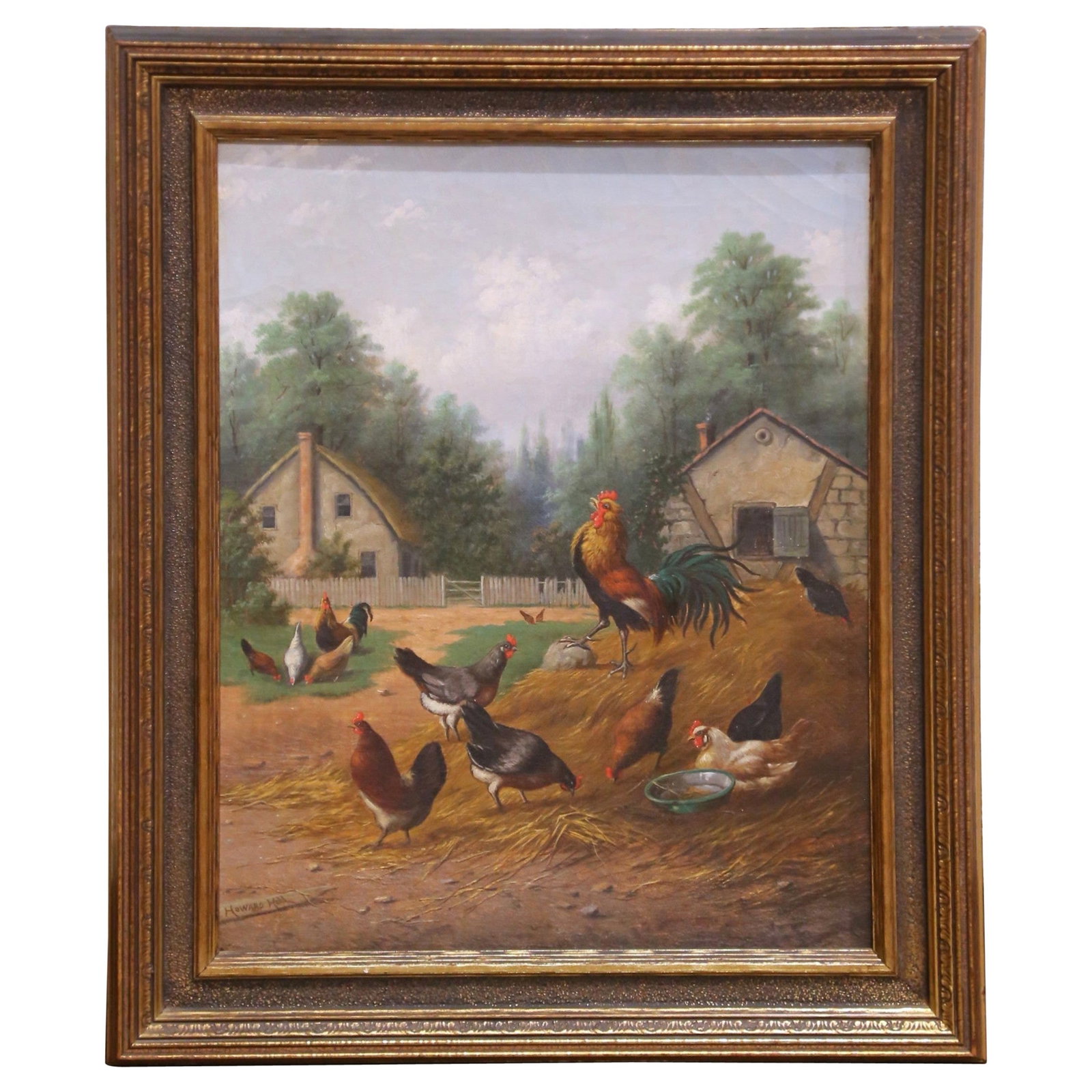 Victorian English Farmyard Scene Oil Painting Signed by Howard Hill: Victorian English Farmyard Scene Oil Painting Signed by Howard Hill This mid-19th century English oil painting, signed by Howard Hill, features a vibrant farmyard scene with a rooster atop a hay mound