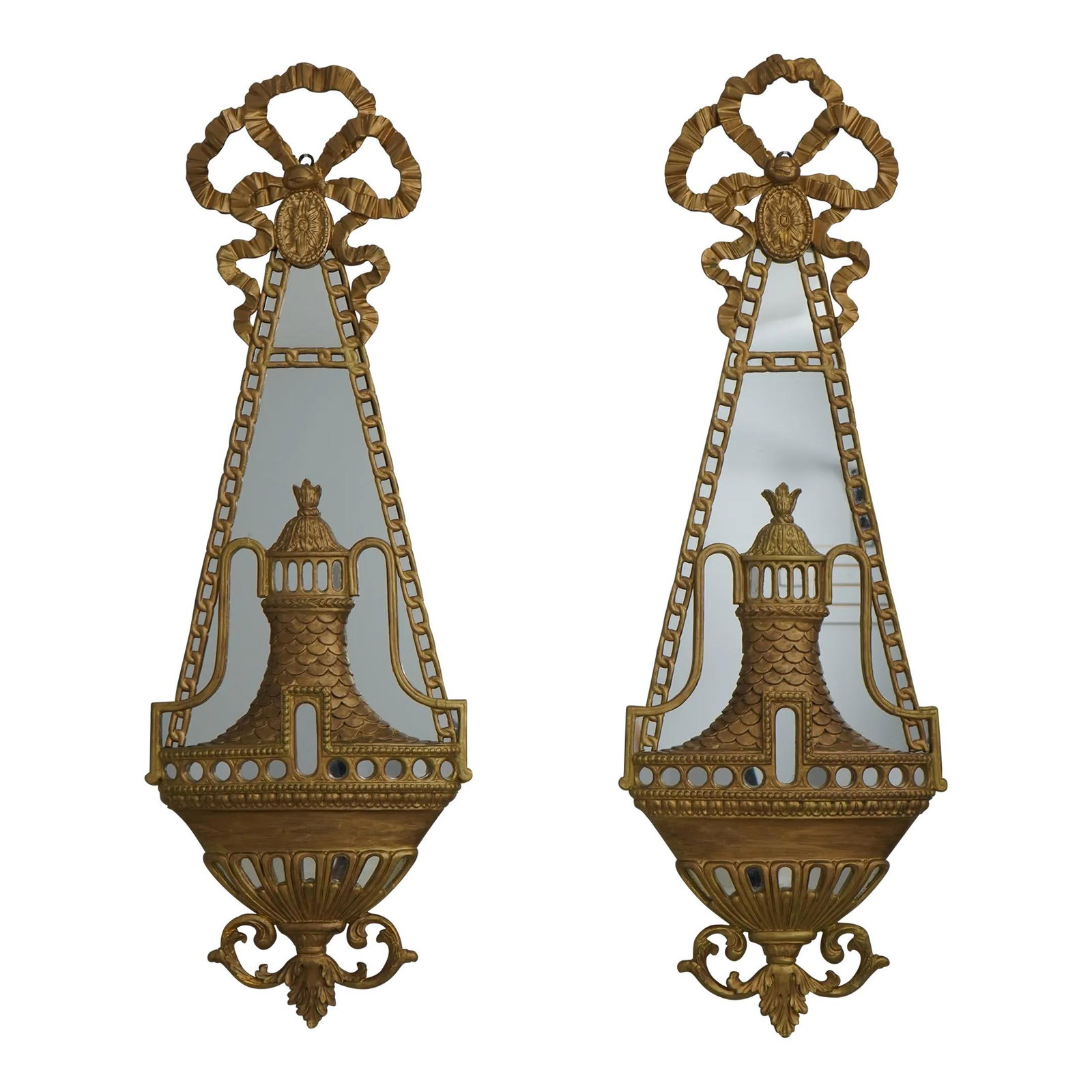 Elegant Vintage Italian Gold Wall Mirrors Pair with Ribbon Carvings: Elegant Vintage Italian Gold Wall Mirrors Pair with Ribbon Carvings This exquisite pair of vintage Italian gold wall mirrors features beautifully ribbon carved tops that add an elegant touch to any de