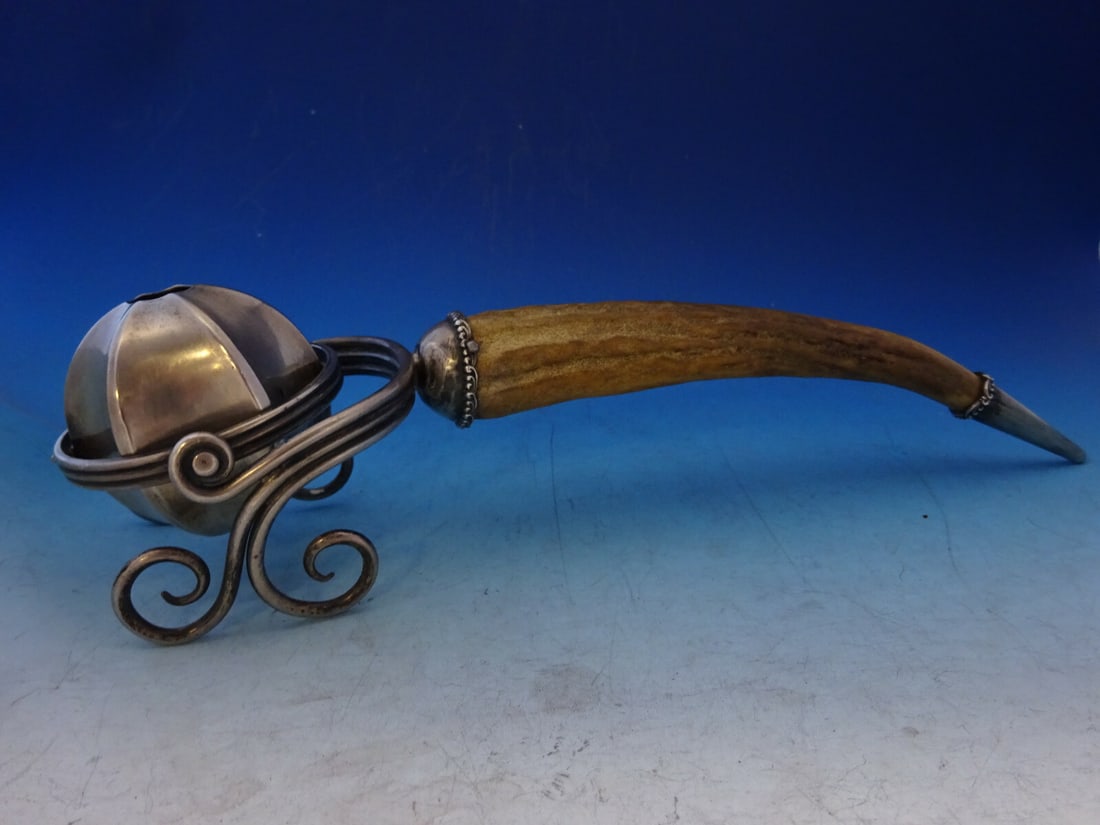 Antique Sterling Silver Gimbal Cigar Lighter with Antler Handle 10" (1 of 9)