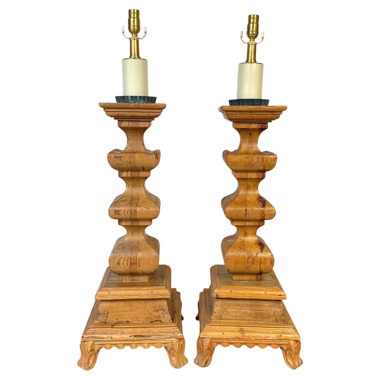 Set of 2 Italian Neoclassical Pine Column Table Lamps Brass Rewired (1 of 14)