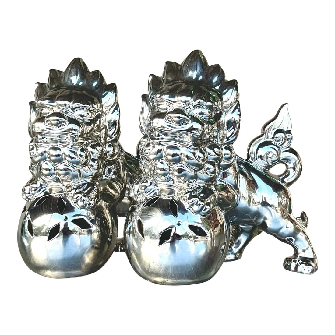 Pair of Vintage Asian Ceramic Foo Dogs in Chrome Finish (1 of 5)