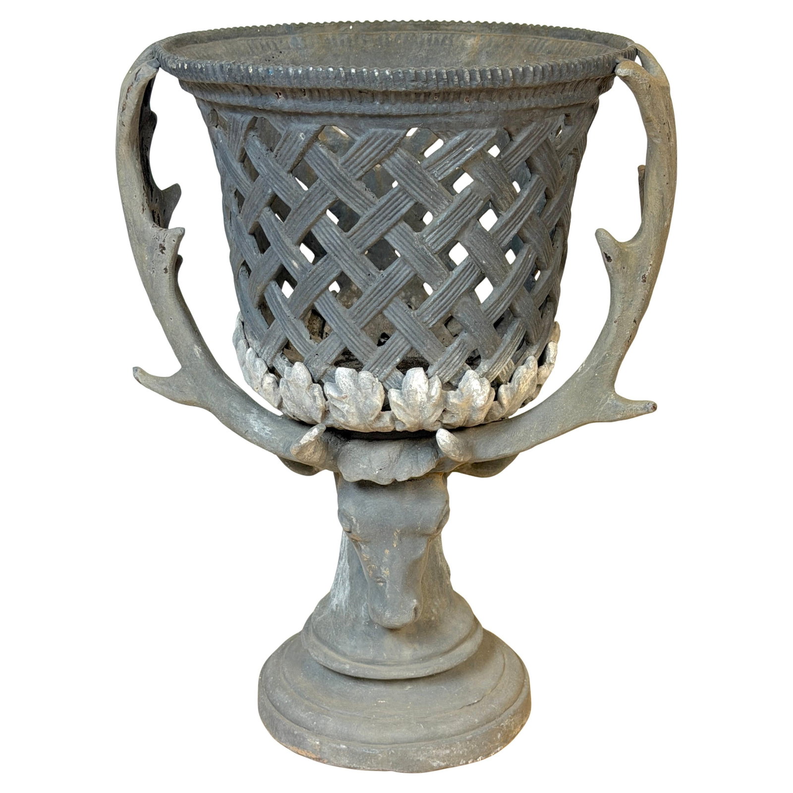 Polychrome Lead Urn with Reticulated Basket and Stag Head Attributed to J.W. Fiske: Polychrome Lead Urn with Reticulated Basket and Stag Head Attributed to J.W. Fiske This monumental urn, attributed to J.W. Fiske & Company, is crafted from polychromed cast lead and features a reticul