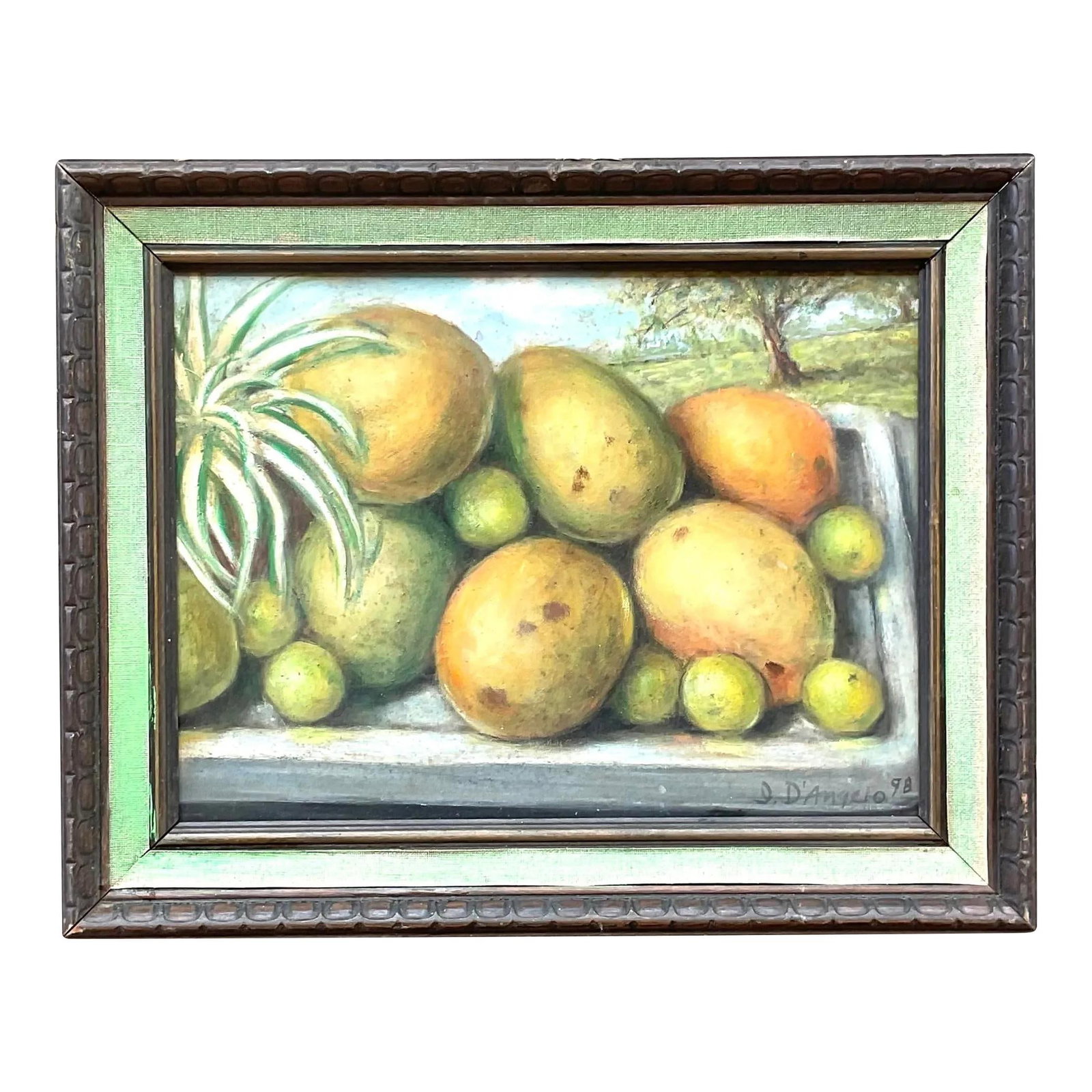 Vintage Coastal Still Life Oil Painting of Mangoes on Canvas: Vintage Coastal Still Life Oil Painting of Mangoes on Canvas Enhance your living space with this Vintage Coastal Mango Still Life Oil on Canvas Painting. This exquisite piece of art showcases the vibr