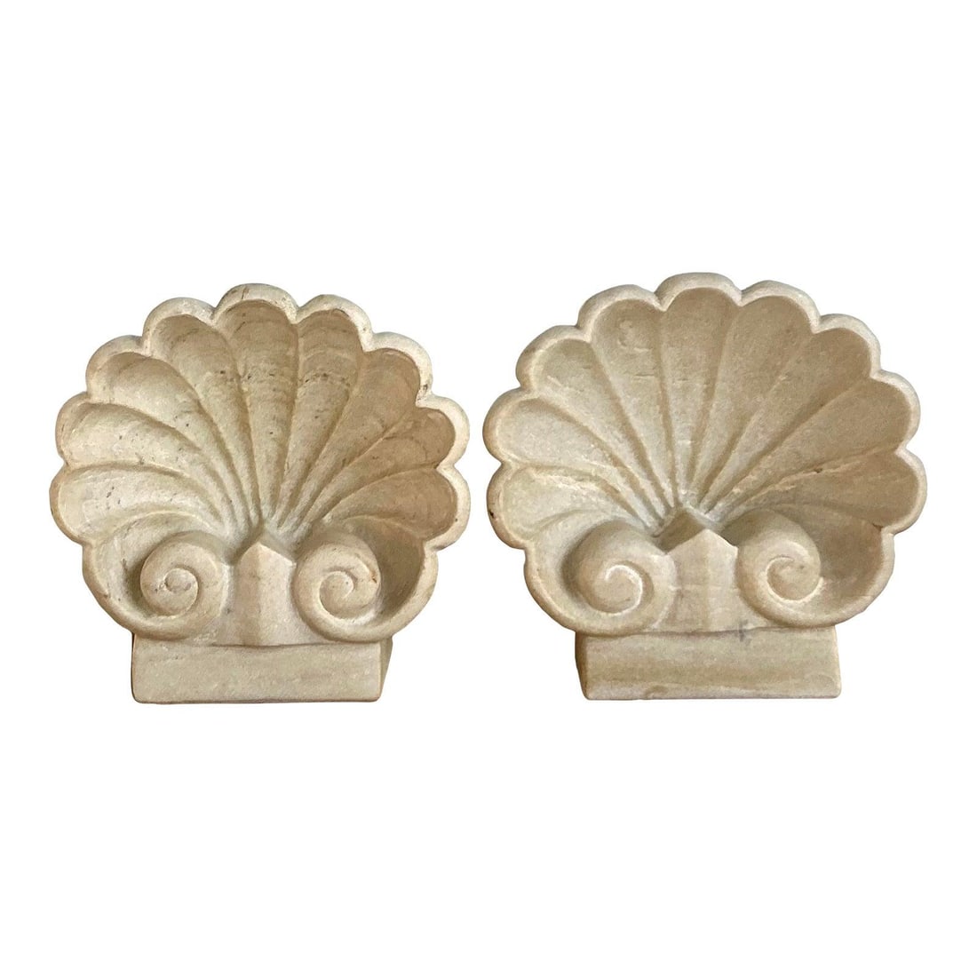 Pair of Carved Stone Clam Shell Architectural Fonts in Boho Style: Pair of Carved Stone Clam Shell Architectural Fonts in Boho Style This pair of vintage carved stone clam shell fonts features a deep-relief scallop shell motif, inspired by Renaissance and Baroque arc