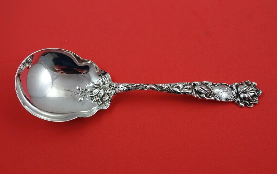 Alvin Bridal Rose Sterling Silver Preserve Spoon 7 3/4 Inch: Alvin Bridal Rose Sterling Silver Preserve Spoon 7 3/4 Inch This exquisite Bridal Rose preserve spoon, crafted by Alvin, showcases a beautiful floral pattern that epitomizes elegance. Made of high-qua