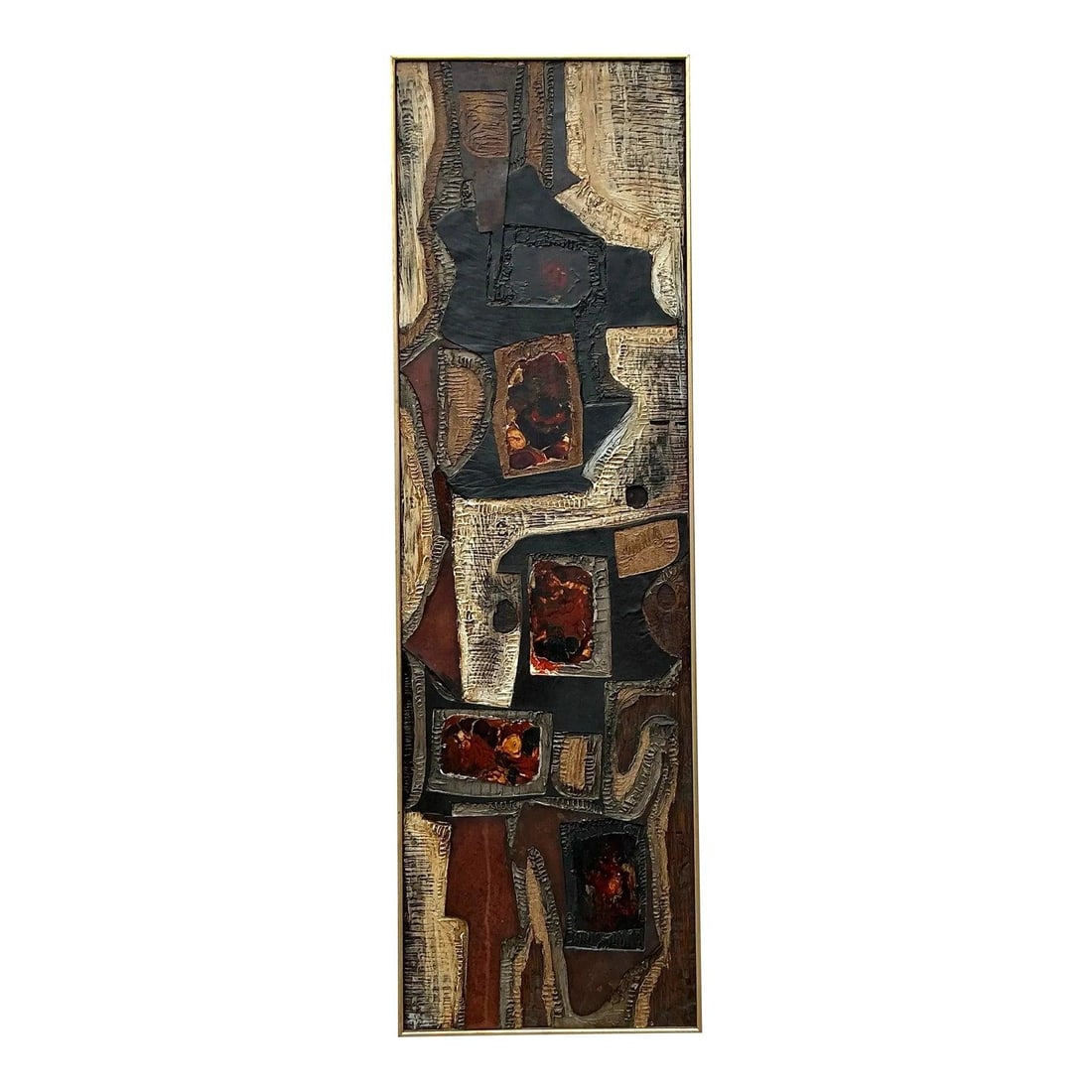 Vintage MCM Impasto Abstract Oil Painting on Canvas 60.5x18.75: Vintage MCM Impasto Abstract Oil Painting on Canvas 60.5x18.75 This vintage Mid-Century Modern impasto abstract oil painting on canvas features bold textures and dynamic colors. The thick, expressive 