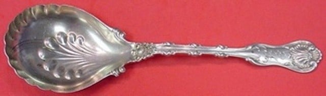 Whiting Imperial Queen Gold Washed Sterling Silver Preserve Spoon 7.5": Whiting Imperial Queen Gold Washed Sterling Silver Preserve Spoon 7.5" This exquisite preserve spoon features the elegant Imperial Queen pattern by Whiting. Crafted from sterling silver with a gold