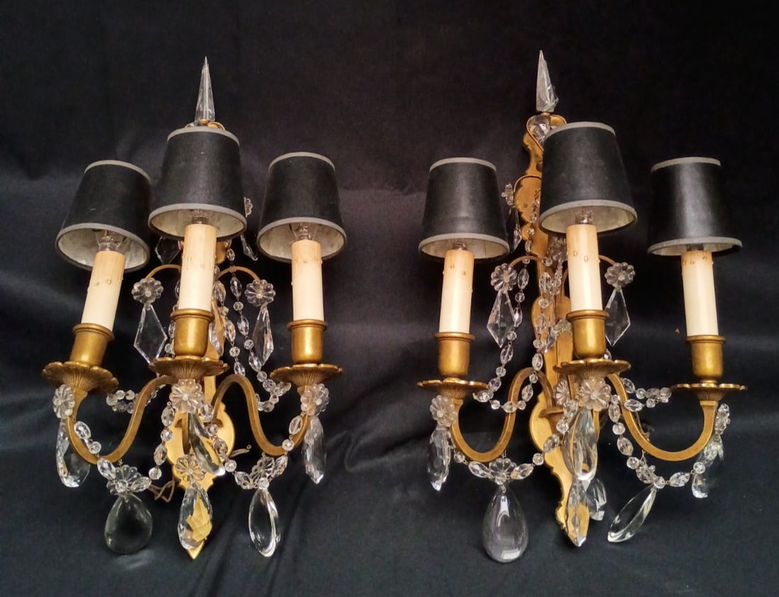 Pair of 27 in E F Caldwell bronze wall sconces with crystal prisms (1 of 18)