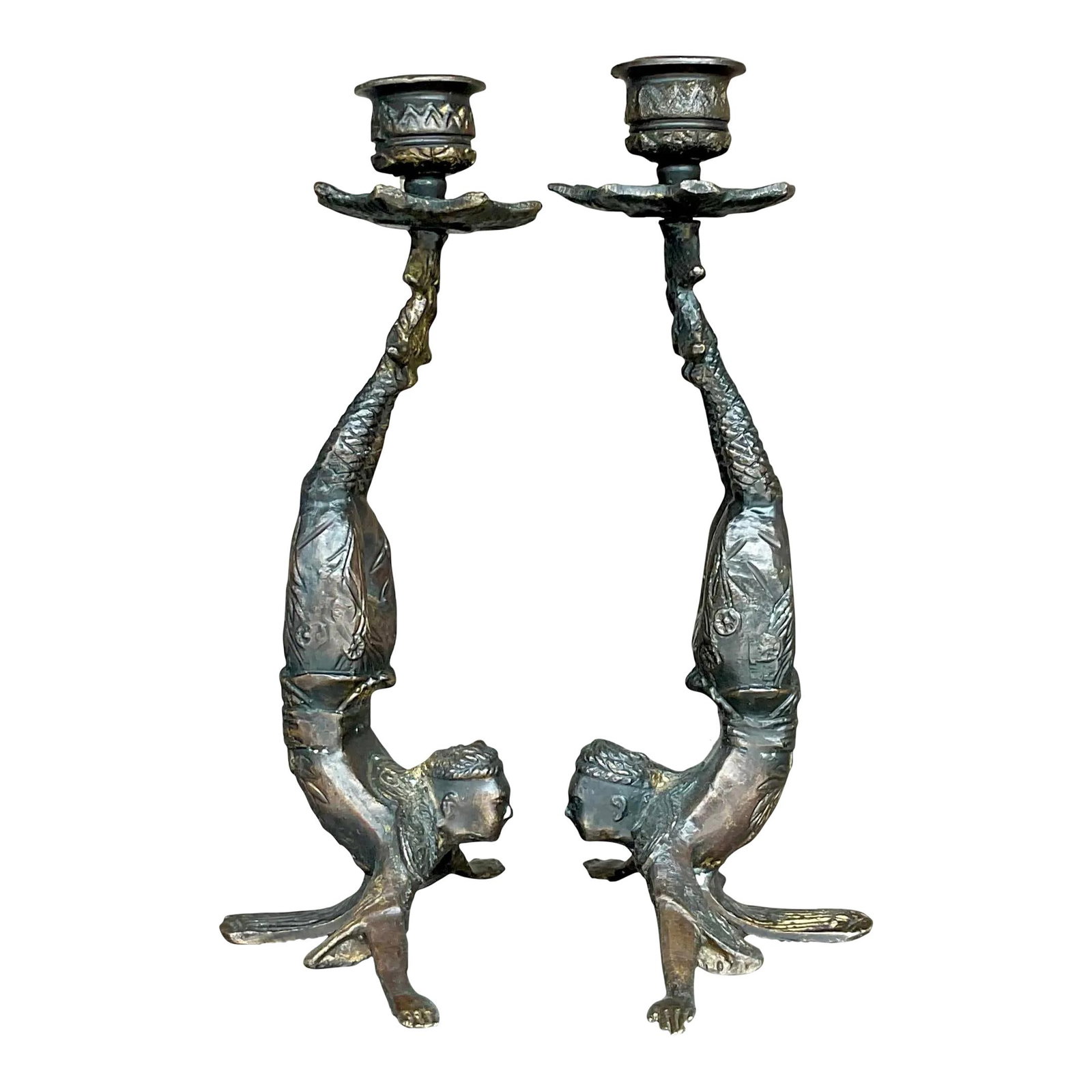 Vintage Boho Dark Bronze Acrobat Candlesticks Pair: Vintage Boho Dark Bronze Acrobat Candlesticks Pair Introducing a striking pair of vintage Boho candlesticks, perfect for adding a unique touch to your decor. Crafted from patinated metal in a rich dar