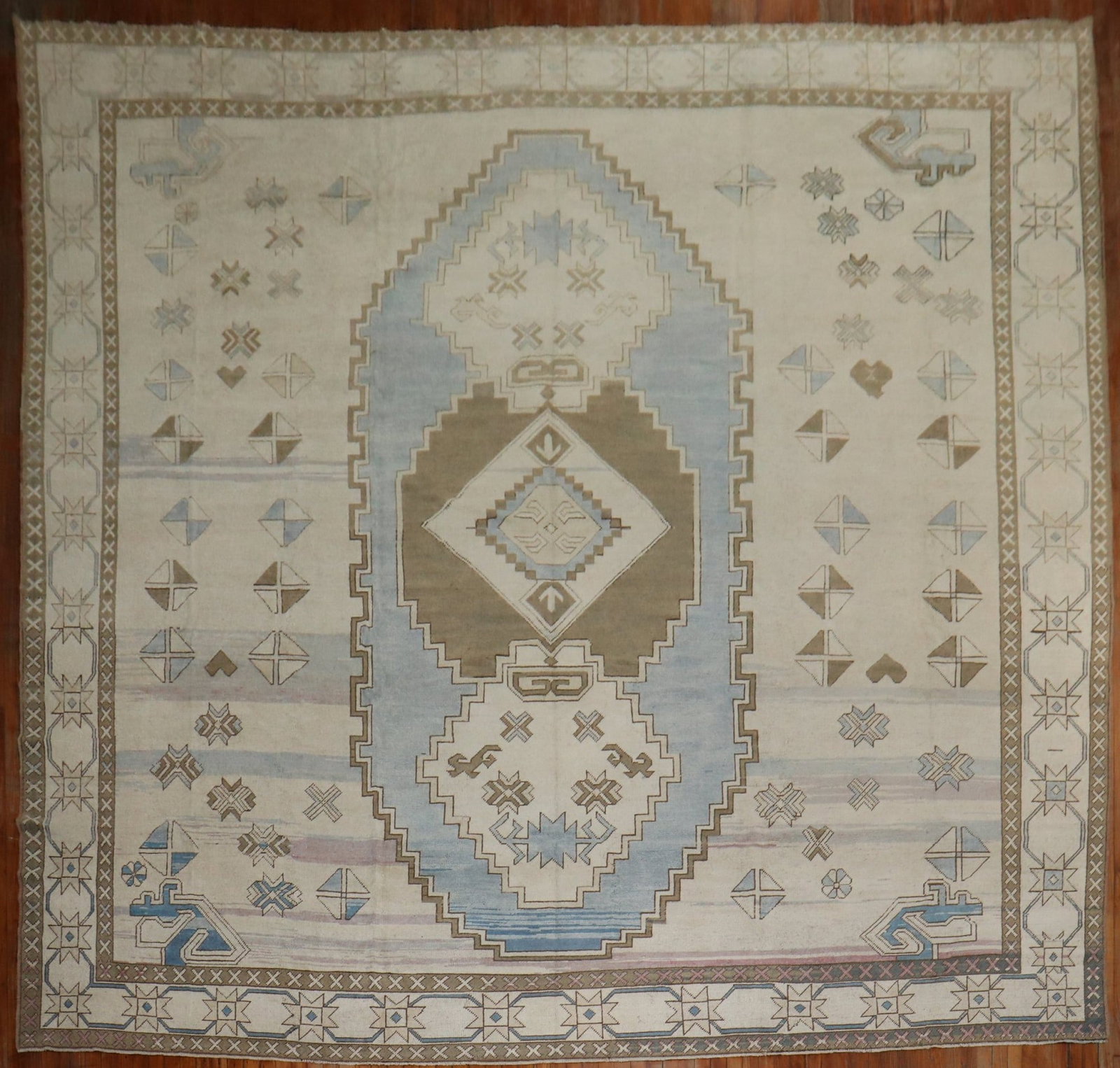 13' x 15' Oversize Turkish Rug in Blue and Cream: 13' x 15' Oversize Turkish Rug in Blue and Cream Large mid-20th century Turkish rug in a blue and cream color palette. This pre-owned oversize rug features a square format. Specifications Type: