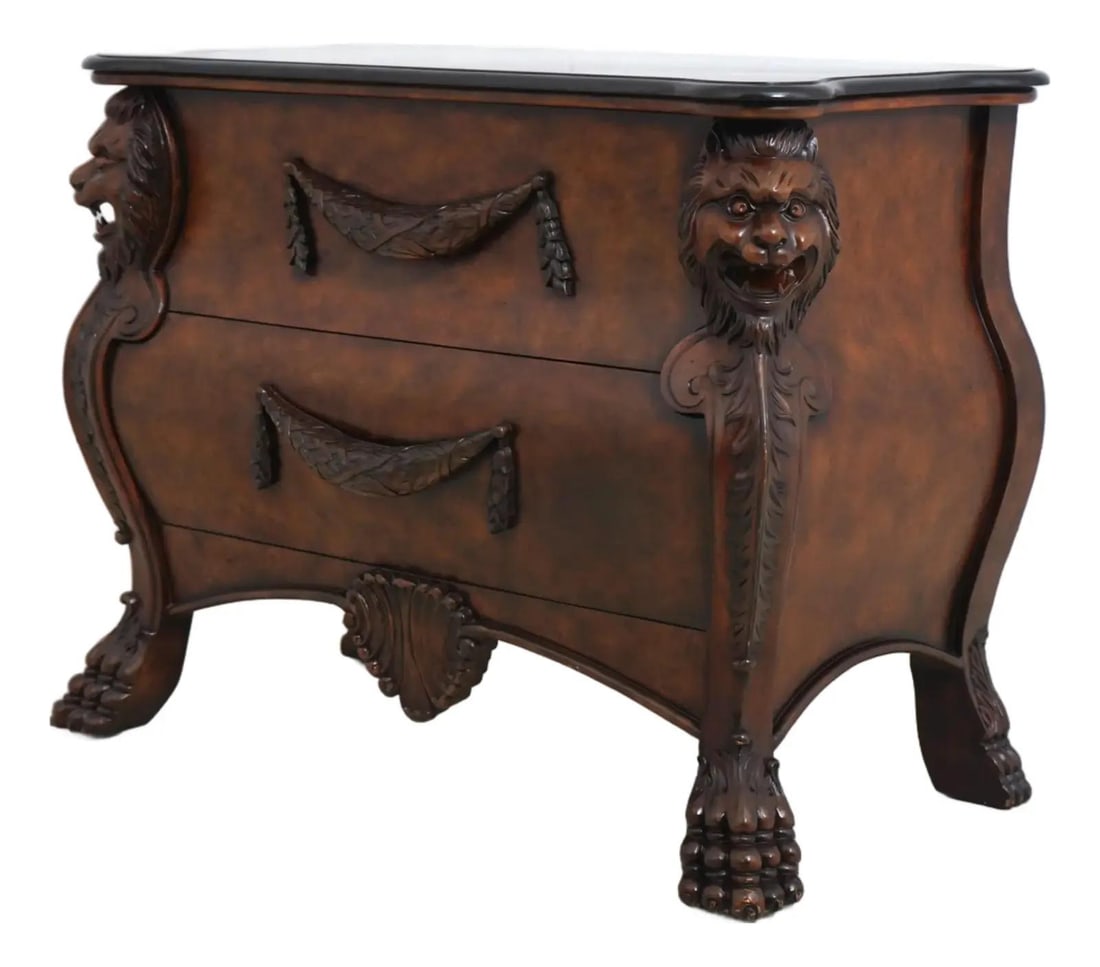 Walnut Finish Lion Head Chest with Black Marble Top 41w x 20d x 32.5h: Walnut Finish Lion Head Chest with Black Marble Top 41w x 20d x 32.5h Regency style chest featuring carved lion sides and a black marble or granite top. The piece has a walnut finish, is unmarked as t