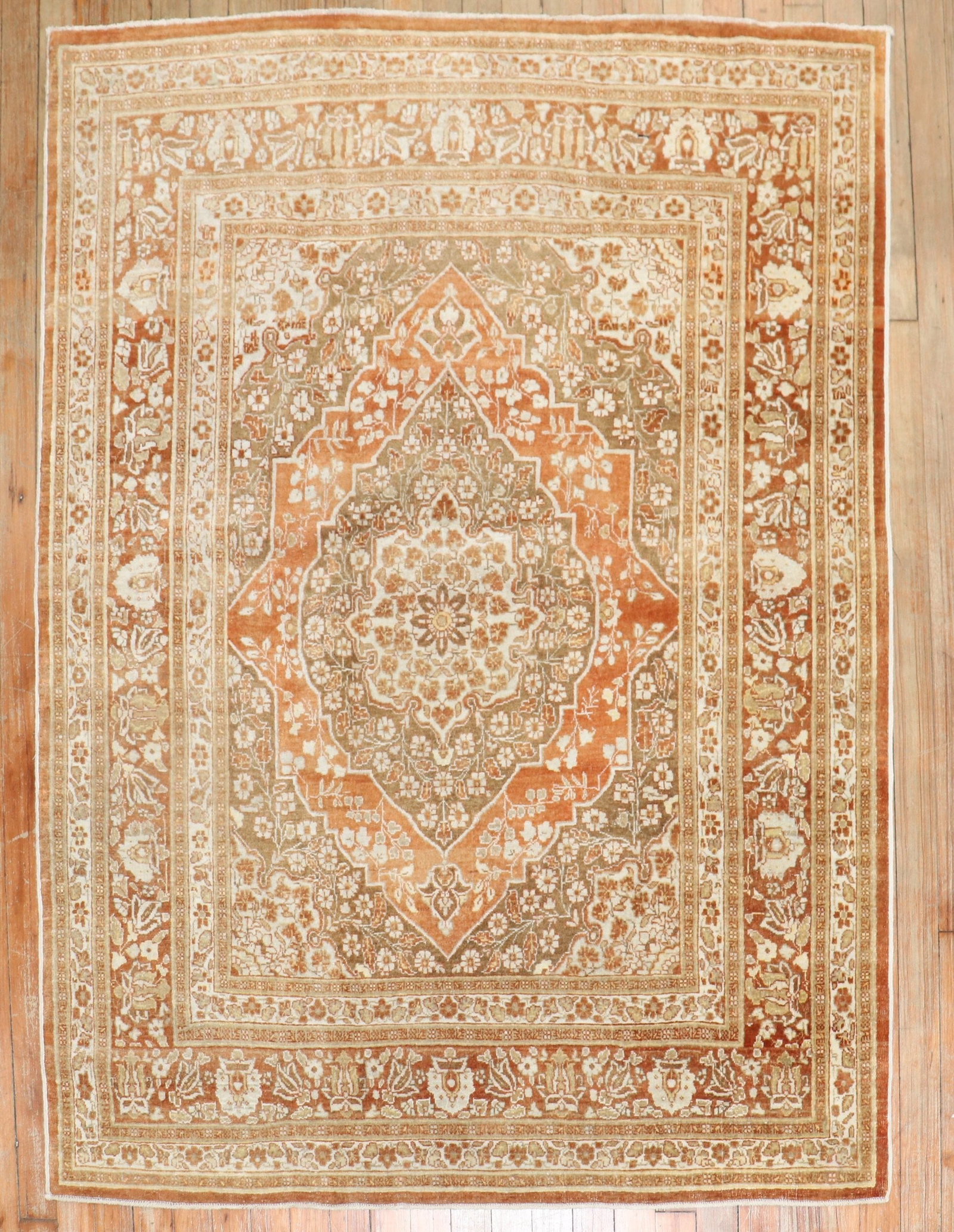 4' x 5' 5" Persian Tabriz Accent Rug in Tangerine Brown: 4' x 5' 5" Persian Tabriz Accent Rug in Tangerine Brown Early 20th century Persian Tabriz accent rug with a tangerine and brown palette. This pre-owned rug features the classic Tabriz style and an orn