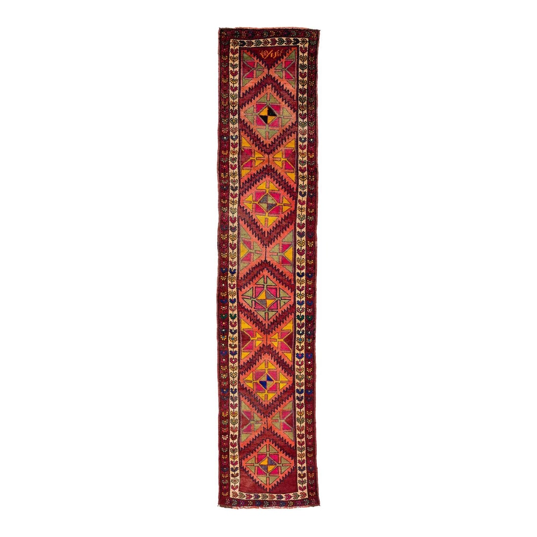Hand-Knotted Persian Hamadan Wool Runner 3 x 14 5: Hand-Knotted Persian Hamadan Wool Runner 3 x 14 5 This hand-knotted vintage Persian Hamadan runner features a striking sequence of geometric diamond medallions in vibrant terracotta, deep crimson, and