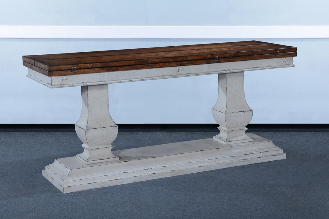 White Sedona Console Table Rustic Pecan Top Tuscan Style: White Sedona Console Table Rustic Pecan Top Tuscan Style This elegant Antique Style White Sedona Console Table combines rustic charm with timeless design. Crafted from solid wood, it features a stunni
