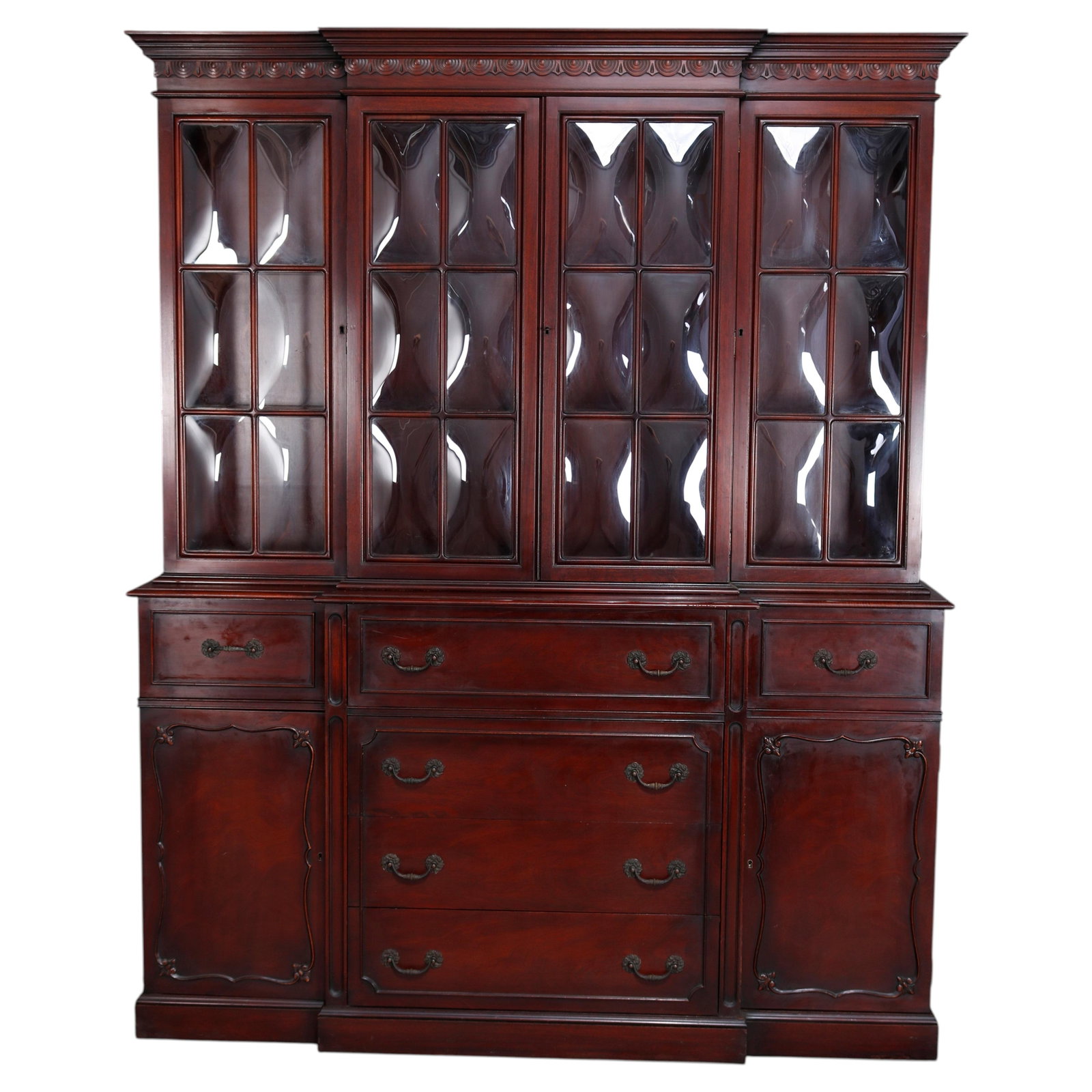 c1930 Mahogany China Cabinet Breakfront with 4 Bubble Glass Doors (1 of 14)