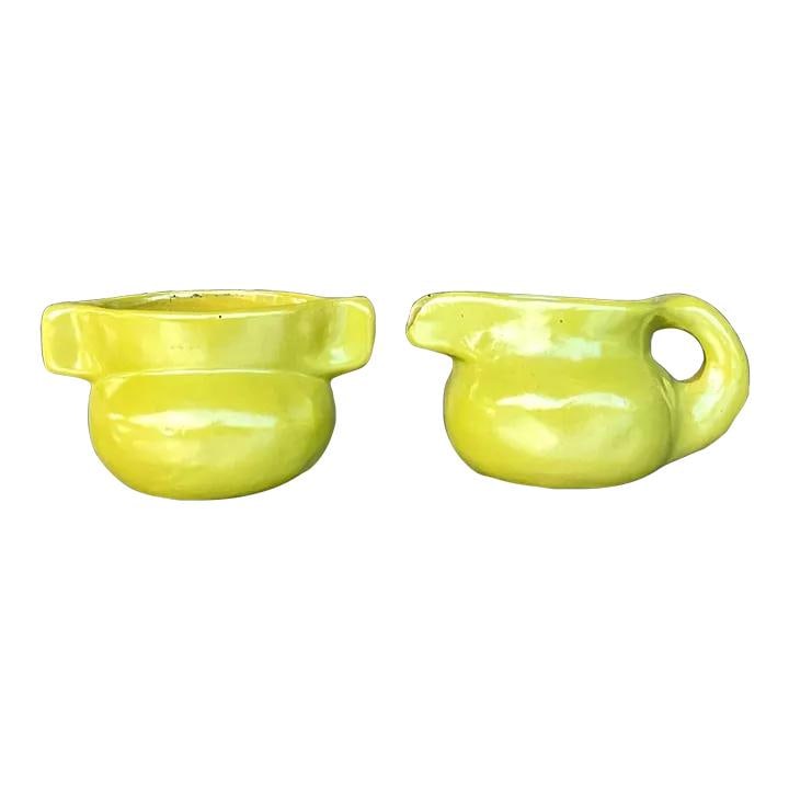 Vintage Boho Studio Pottery Cream and Sugar Set Chartreuse (1 of 6)
