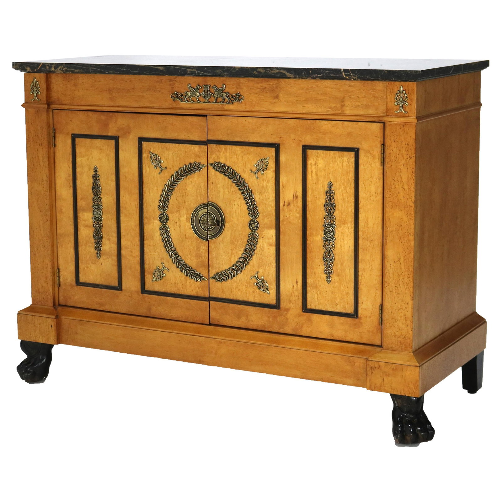 Henredon French Empire Satinwood Server with Marble Top and Ormolu 20thC: Henredon French Empire Satinwood Server with Marble Top and Ormolu 20thC Experience the elegance of the 20th Century with this exquisite Henredon French Empire Satinwood Server. Crafted from premium s
