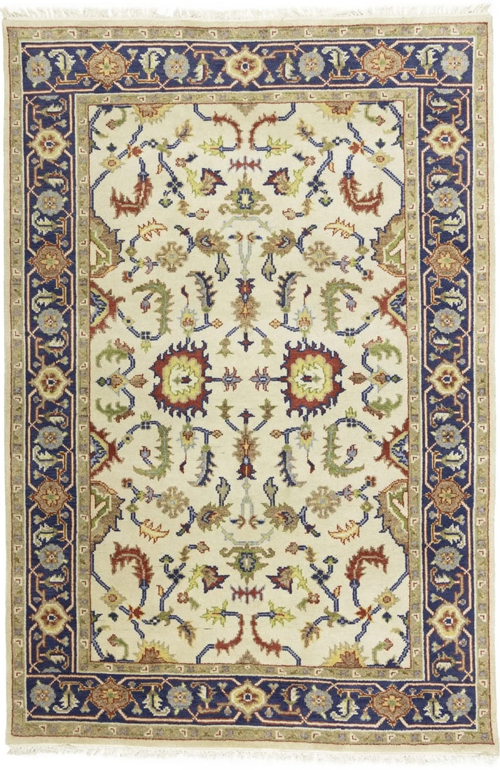 6'1 x 8'11 Wool Hand-Knotted Floral Area Rug Modern Traditional Design: 6'1 x 8'11 Wool Hand-Knotted Floral Area Rug Modern Traditional Design This handmade traditional floral oriental rug features a hand-knotted wool construction in a rectangular shape. The rug showcases