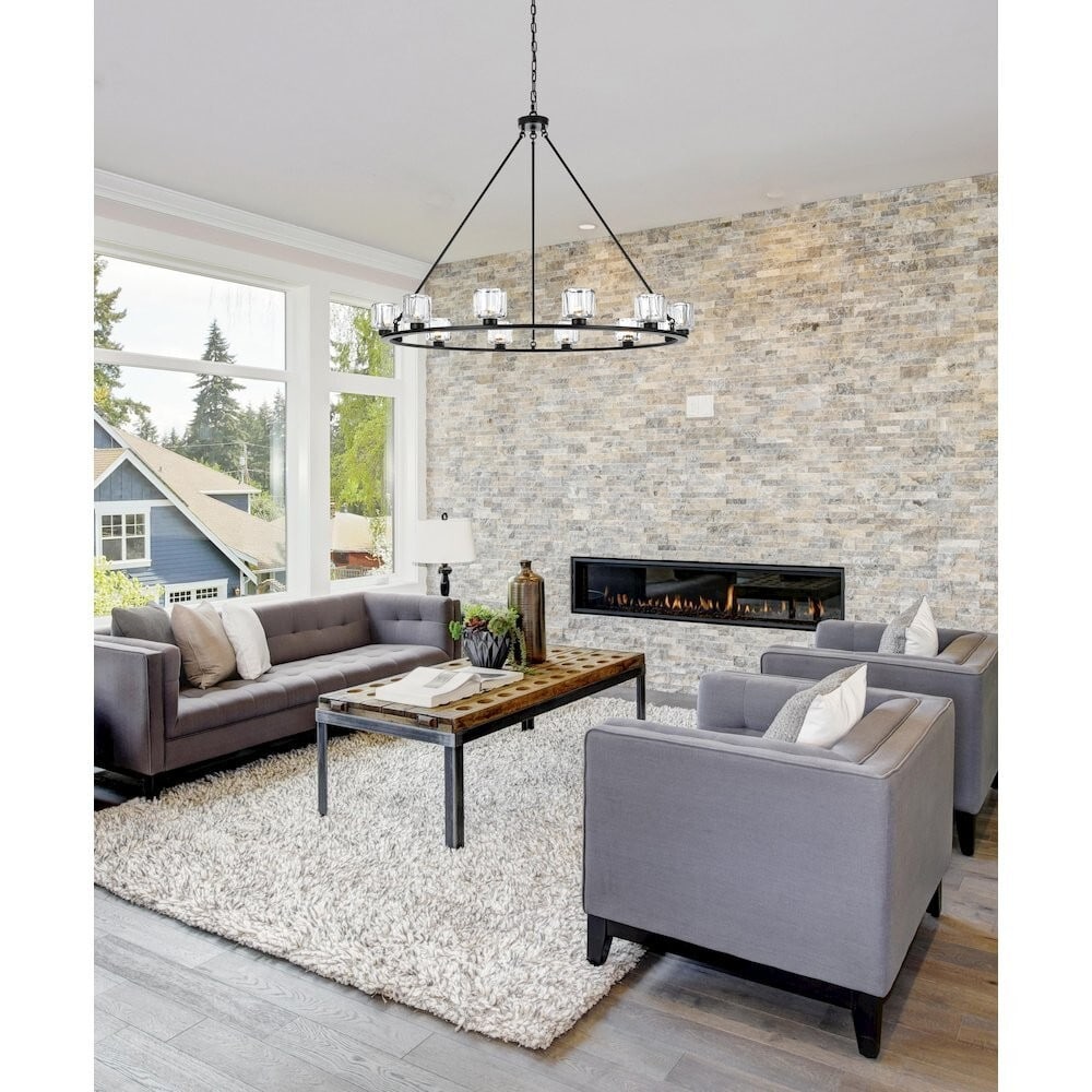 Maine Cadence 12 Light Black 48 in Chandelier: Maine Cadence 12 Light Black 48 in Chandelier This black farmhouse chandelier features a 12-light metal frame with glass shades and a hardwired design. It is intended for indoor use and includes an ad