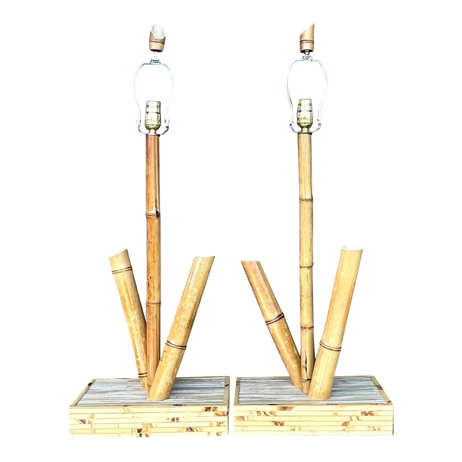 Chic Vintage Coastal Bamboo Table Lamps Pair from Palm Beach: Chic Vintage Coastal Bamboo Table Lamps Pair from Palm Beach Illuminate your space with this fabulous pair of vintage Coastal bamboo table lamps. Featuring a chic bamboo design complemented by a wrapp