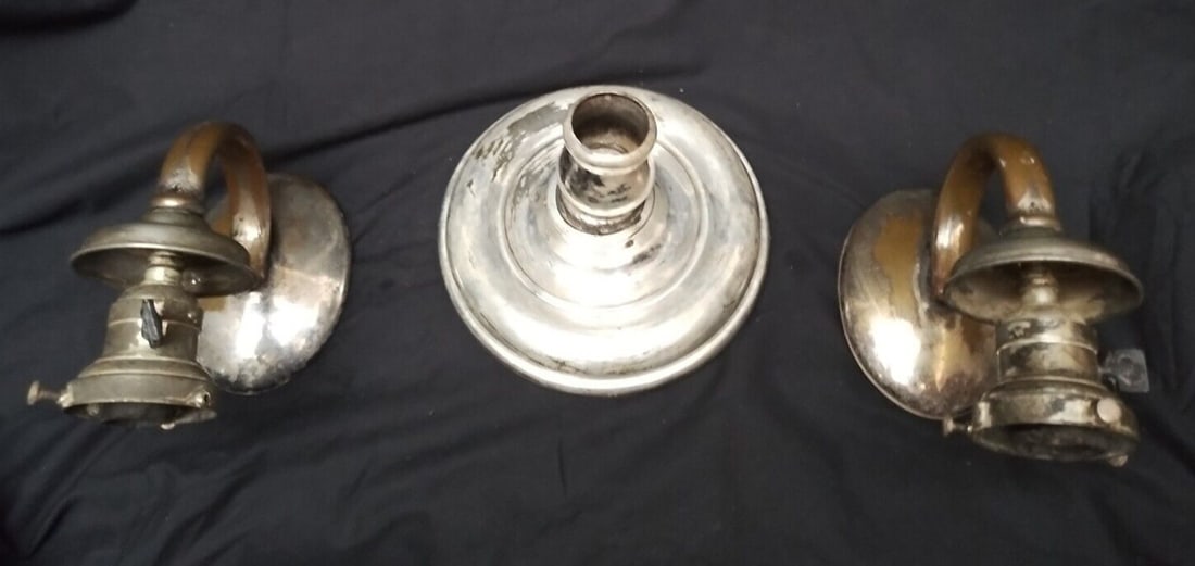 E.F. Caldwell 3 Piece Silver Tone Lighting Set Flush Mount and Wall Sconces (1 of 18)