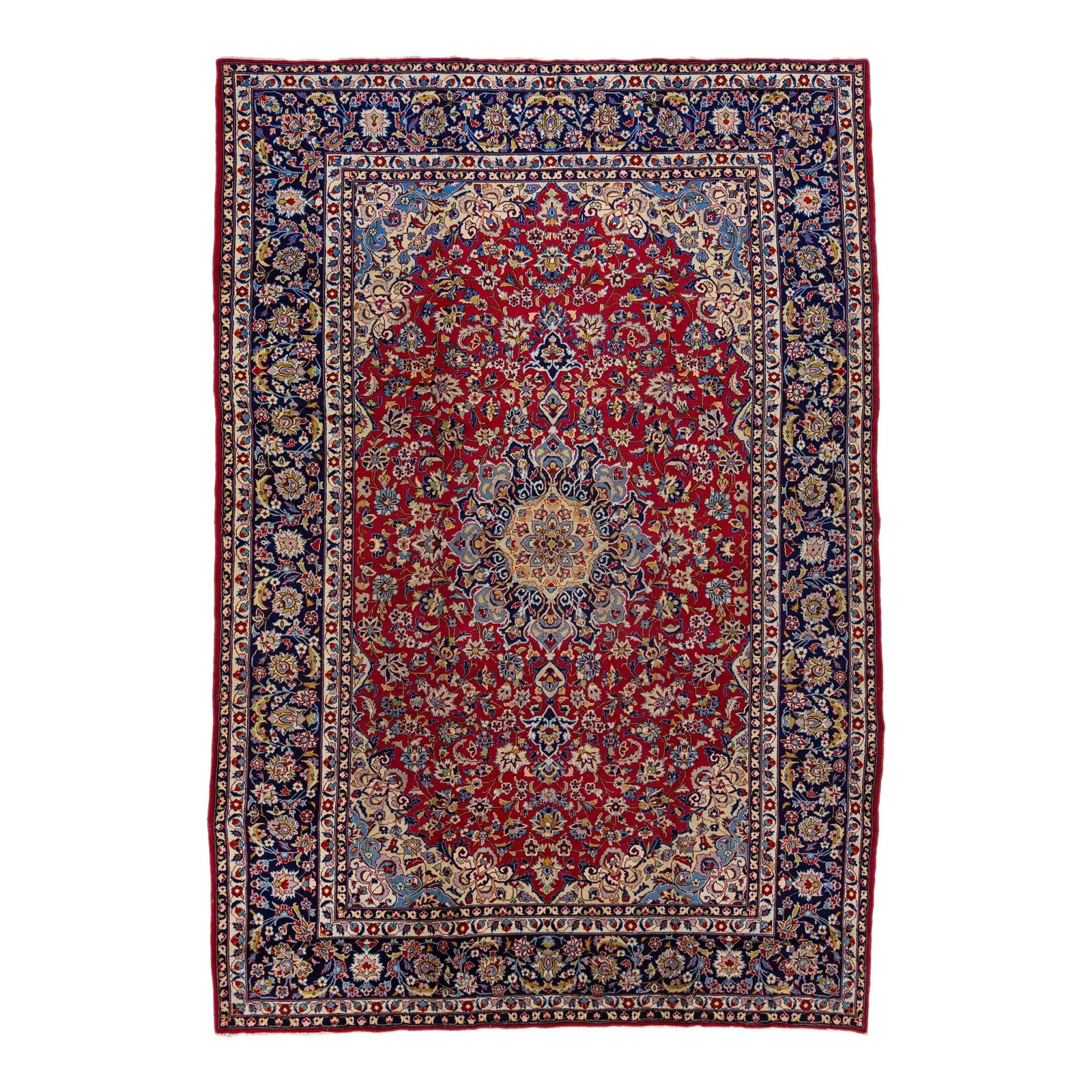 Vintage Persian Kashan Hand-Knotted Wool Rug 9'9 x 14'3 Medallion Design: Vintage Persian Kashan Hand-Knotted Wool Rug 9'9 x 14'3 Medallion Design This stunning Vintage Persian Kashan rug features a rich red field adorned with a navy blue frame and vibrant multicolor accent