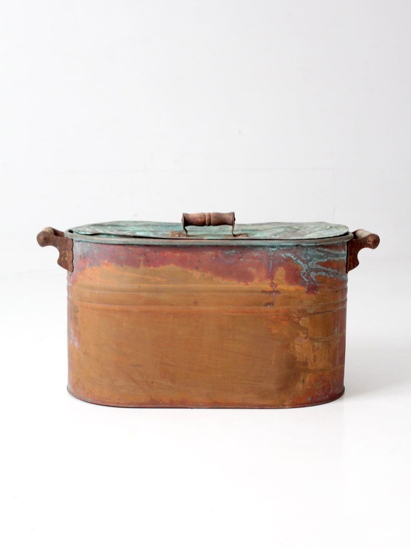 Lidded Copper Laundry Boiler with Wood Handles Antique (1 of 16)