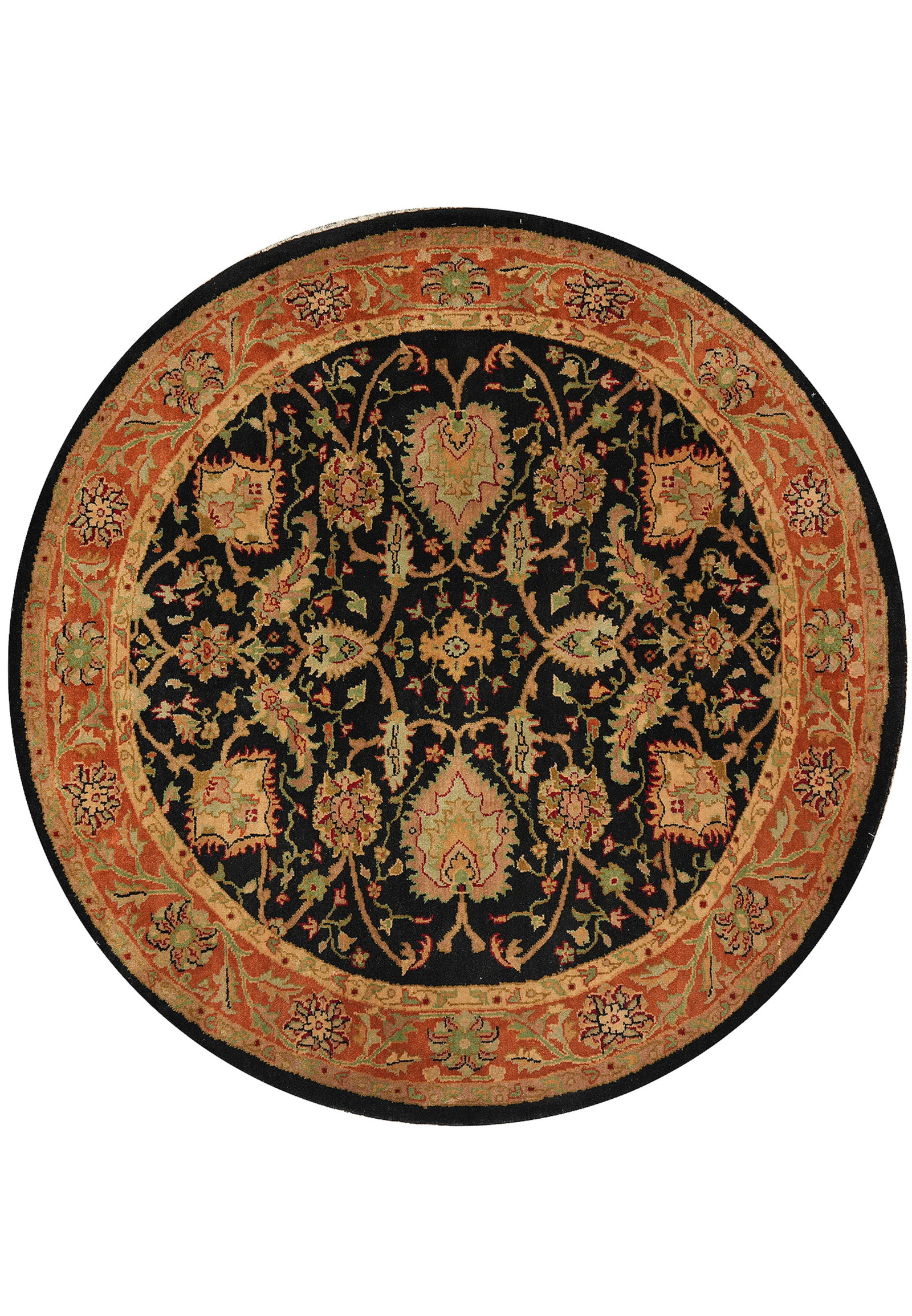 6 x 6 Round Jaipur Mahal Hand Knotted Wool Rug: 6 x 6 Round Jaipur Mahal Hand Knotted Wool Rug Free continental US Shipping This 6 x 6 round handmade Jaipur rug features a black field with a rich terracotta border and olive floral accents for a bol