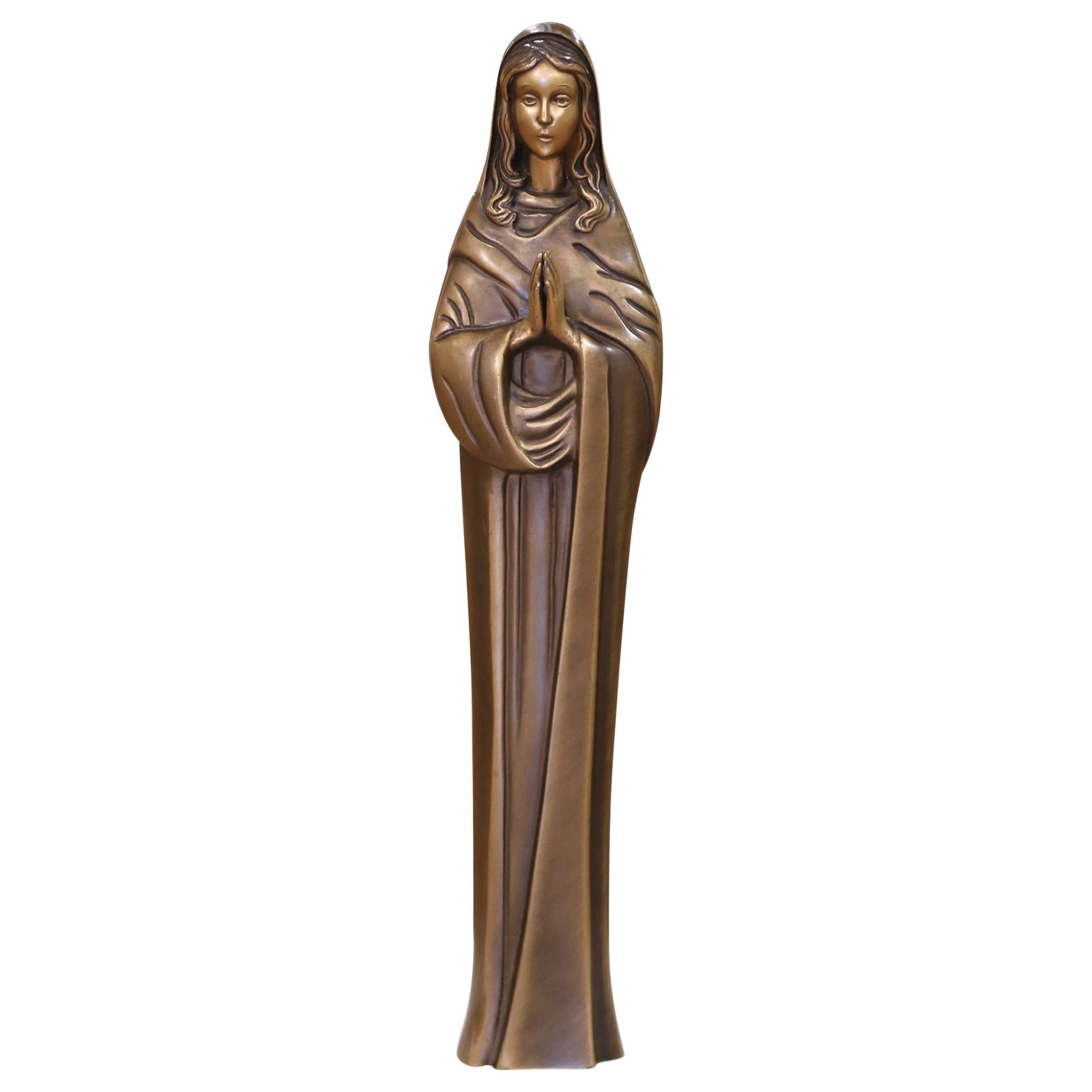 Bronze Virgin Mary Praying Statue Mid-Century French Patinated Religious Art: Bronze Virgin Mary Praying Statue Mid-Century French Patinated Religious Art This mid-century bronze sculpture, cast in France around 1960, portrays the Virgin Mary in prayer with a stylized and elong