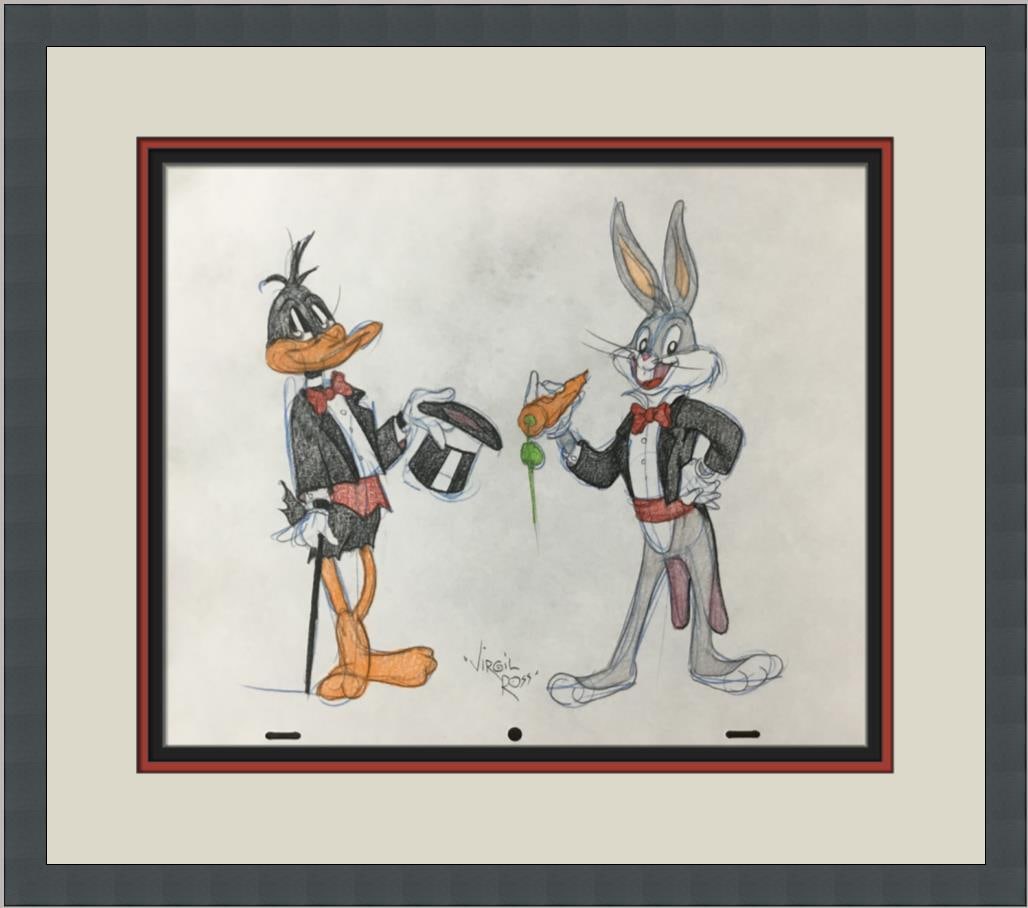 Virgil Ross Original Signed Model Sheet Daffy Duck Bugs Custom Framed 1990s: Virgil Ross Original Signed Model Sheet Daffy Duck Bugs Custom Framed 1990s This is an original signed model sheet drawing featuring the beloved characters Daffy Duck and Bugs Bunny, illustrated by Vi