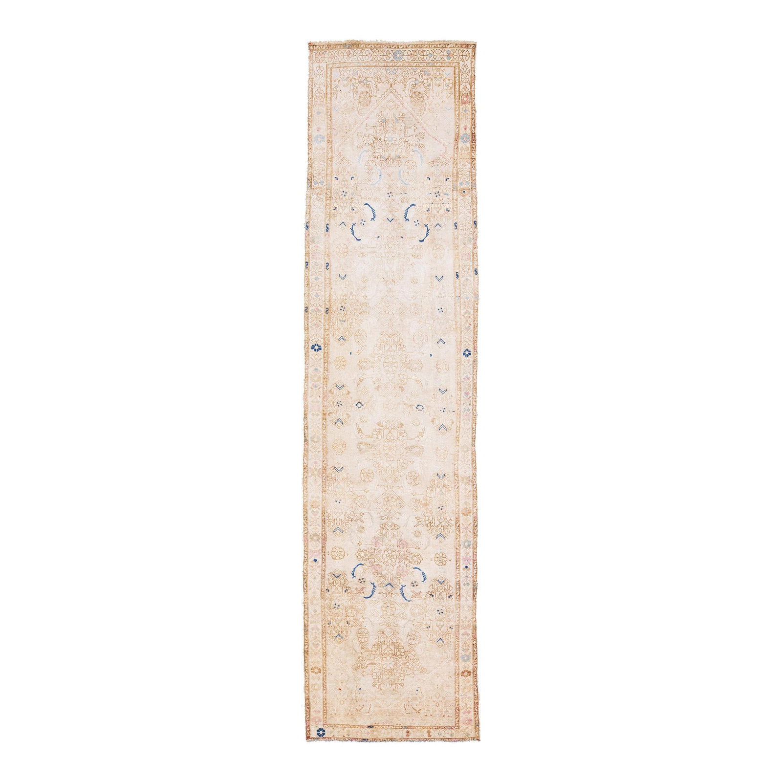 Vintage Persian Malayer Beige Wool Runner 3'2" x 13'2" Floral Medallion: Vintage Persian Malayer Beige Wool Runner 3'2" x 13'2" Floral Medallion This exquisite vintage Persian Malayer runner showcases a stunning hand-knotted wool construction, featuring a warm beige field 