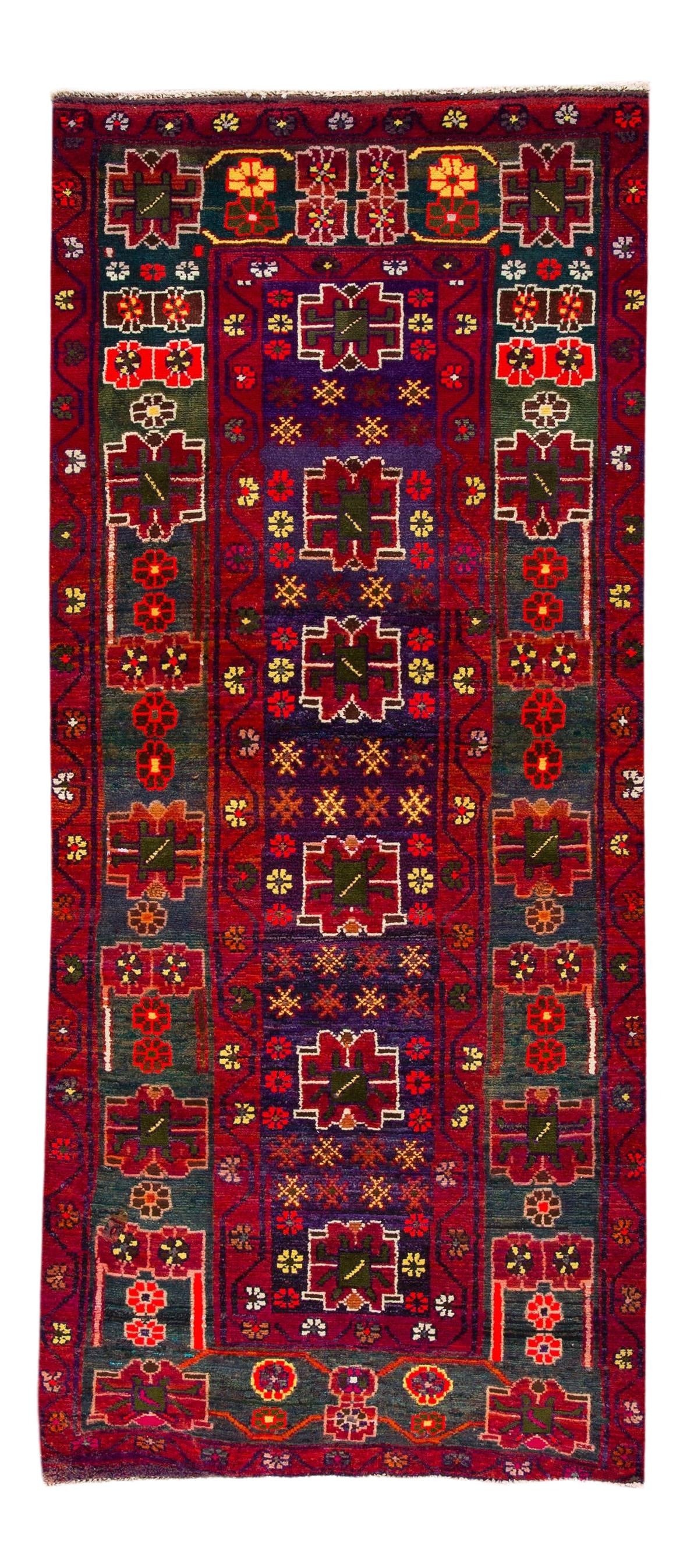 Mid-20th Century Hand-Knotted Persian Rug 3'7" x 8' Geometric Design Wool Red: Mid-20th Century Hand-Knotted Persian Rug 3'7" x 8' Geometric Design Wool Red This exquisite mid-20th century vintage Persian rug features a captivating geometric design that showcases its