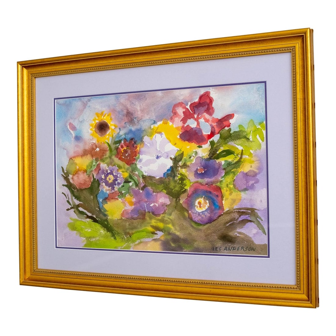 Vibrant Les Anderson Abstract Floral Watercolor Painting Gold Frame (1 of 8)