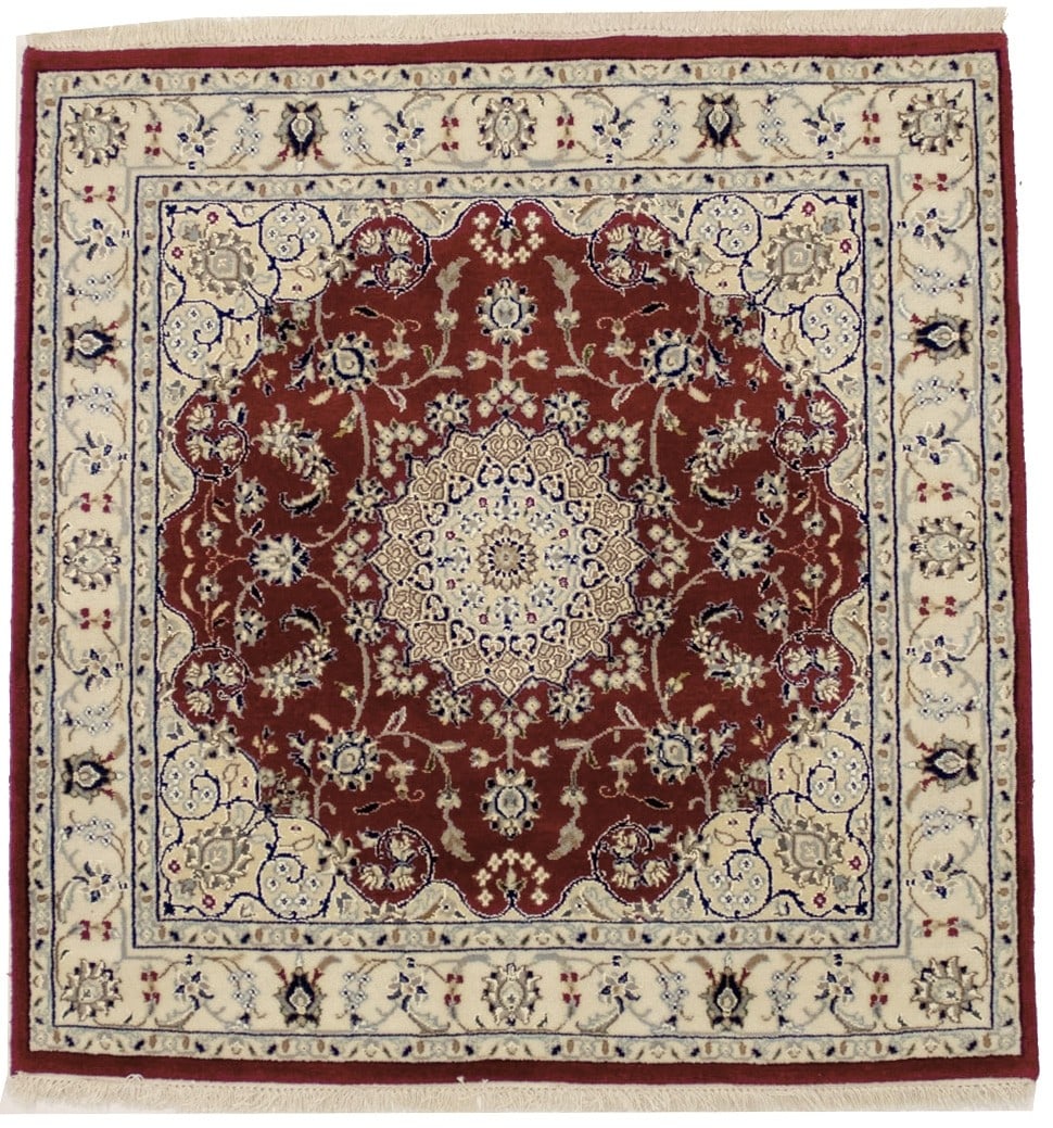 Hand-Knotted 4x4 Indo-Nain Floral Wool Silk Area Rug Vintage Design: Hand-Knotted 4x4 Indo-Nain Floral Wool Silk Area Rug Vintage Design This exquisite hand-knotted Indo-Nain square rug features a classic floral design, making it a beautiful addition to any room. Measu