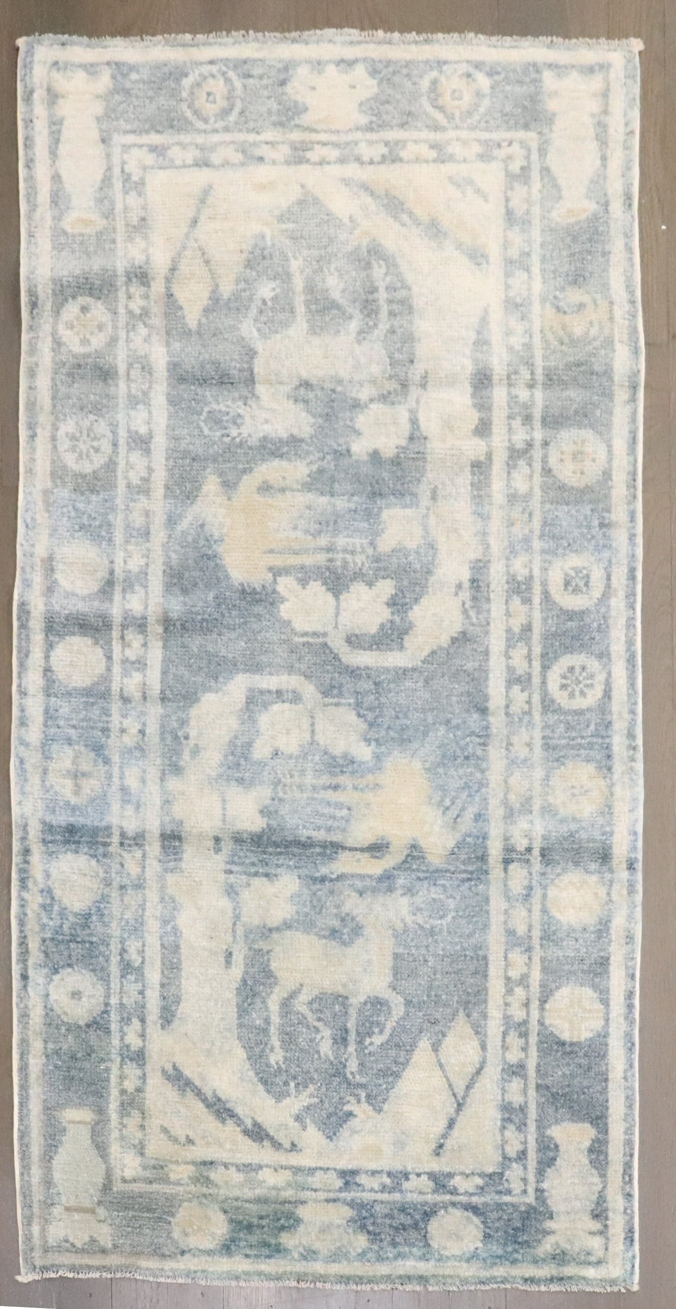 2' 1" x 4' 2" Small Chinese Rug Blue Field Reindeer Scene (1 of 7)