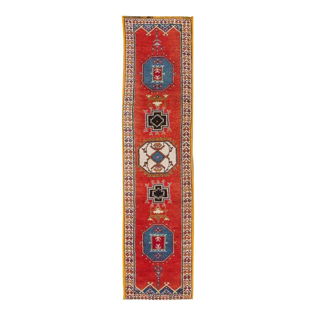 Vintage Moroccan Hand-Knotted Wool Runner 2'6 x 10'10 Red Tribal Design: Vintage Moroccan Hand-Knotted Wool Runner 2'6 x 10'10 Red Tribal Design Enhance your space with this stunning vintage Moroccan runner, hand-knotted from premium wool. The runner showcases a vibrant re