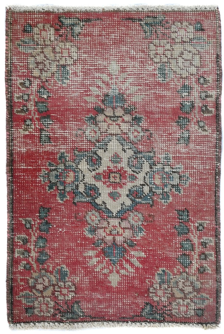 Hand Knotted Wool Floral Area Rug 1'6 x 2'3 Vintage: Hand Knotted Wool Floral Area Rug 1'6 x 2'3 Vintage This semi-antique Oriental rug features a muted floral pattern and is handmade using traditional hand-knotted techniques. Crafted from wool, it has 