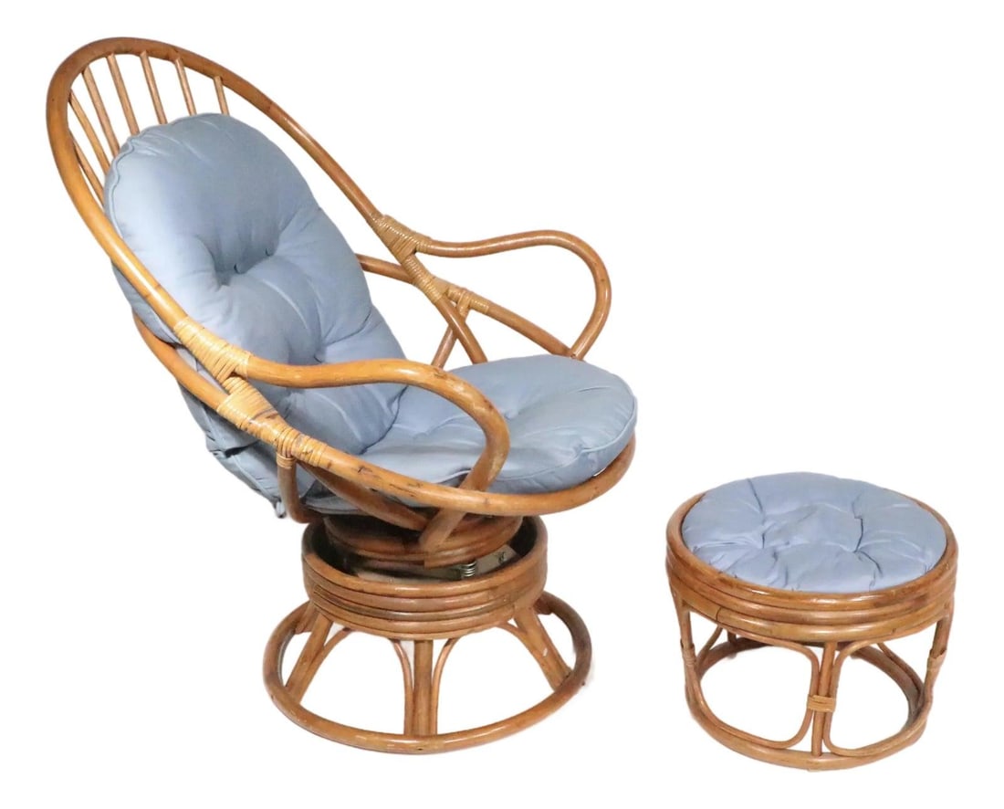 Vintage Bamboo Lounge Swivel Chair with Ottoman Mid Century Style (1 of 6)