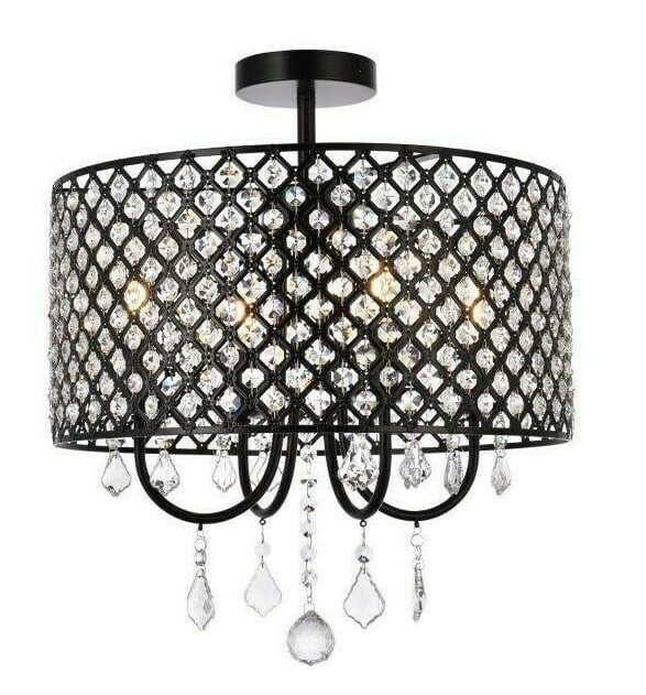 Living District Elise 4-Light Black Crystal Flush Mount: Living District Elise 4-Light Black Crystal Flush Mount This modern semi flush mount chandelier features a black iron and crystal construction with royal cut clear crystals. Designed for indoor instal