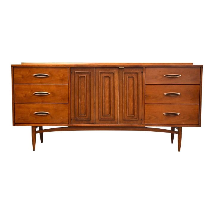 Broyhill Sculptra Mid Century Walnut Dresser 66" Wide (1 of 9)