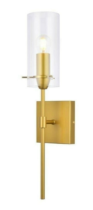 Elsreth Brass Wall Sconce with Clear Glass Shade 20 in: Elsreth Brass Wall Sconce with Clear Glass Shade 20 in Modern brass wall sconce light fixture with a clear glass shade. It is hardwired, ETL dry rated, and dimmable, with a round shade and downward, i