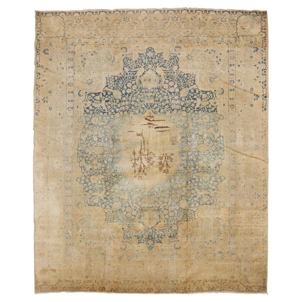8' 3" x 9' 10" Persian Kerman room rug pictorial design: 8' 3" x 9' 10" Persian Kerman room rug pictorial design Formal Persian Kerman pictorial rug in light blue and cream, dating to the early 20th century. This pre-owned room-size rug features a classic p