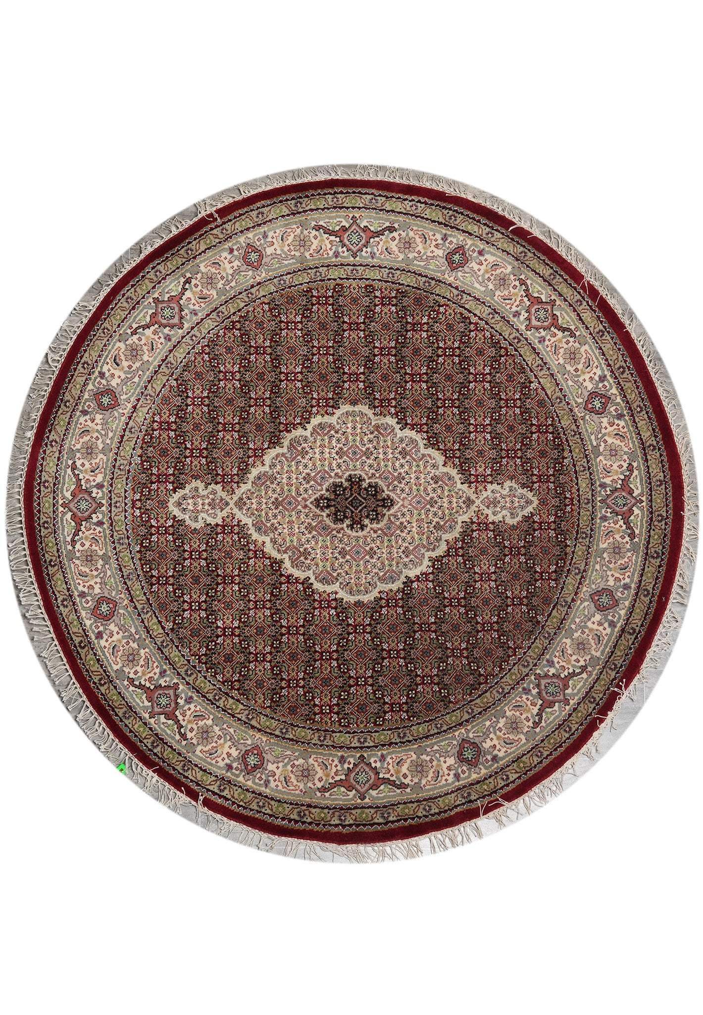 5 x 5 Feet Round Tabriz Mahi Herati Handmade Wool Silk Rug: 5 x 5 Feet Round Tabriz Mahi Herati Handmade Wool Silk Rug Free continental US Shipping This 5 x 5 feet Mahi Herati Tabriz rug features a classic Persian-inspired Mahi (Herati) design in a unique roun