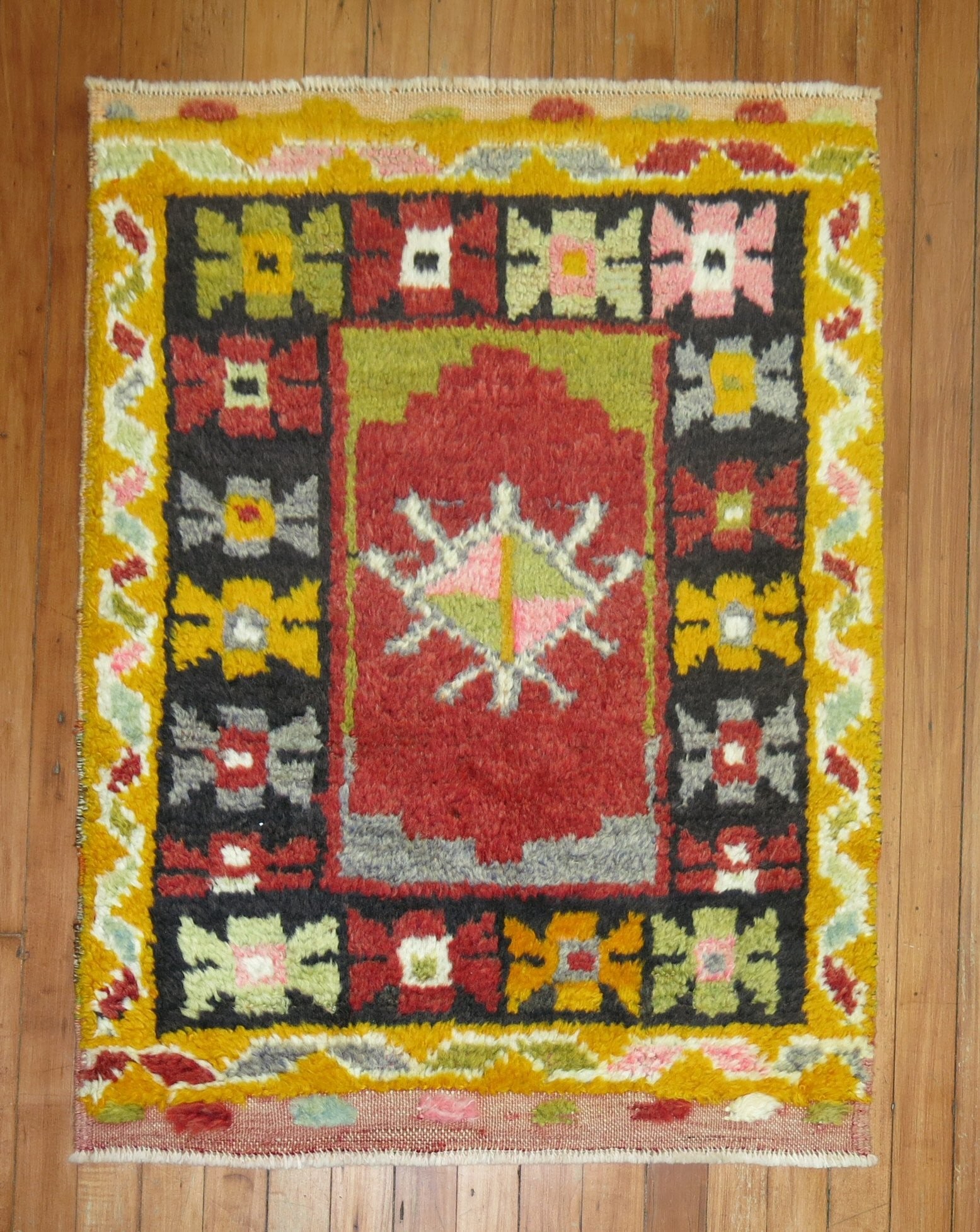2' 5" x 3' Mid 20th Century Turkish Tulu Square Rug: 2' 5" x 3' Mid 20th Century Turkish Tulu Square Rug Vintage Turkish Tulu mini square rug from the mid 20th century. This pre-owned piece is identified as a small square Yastiks rug. Specifications Tit