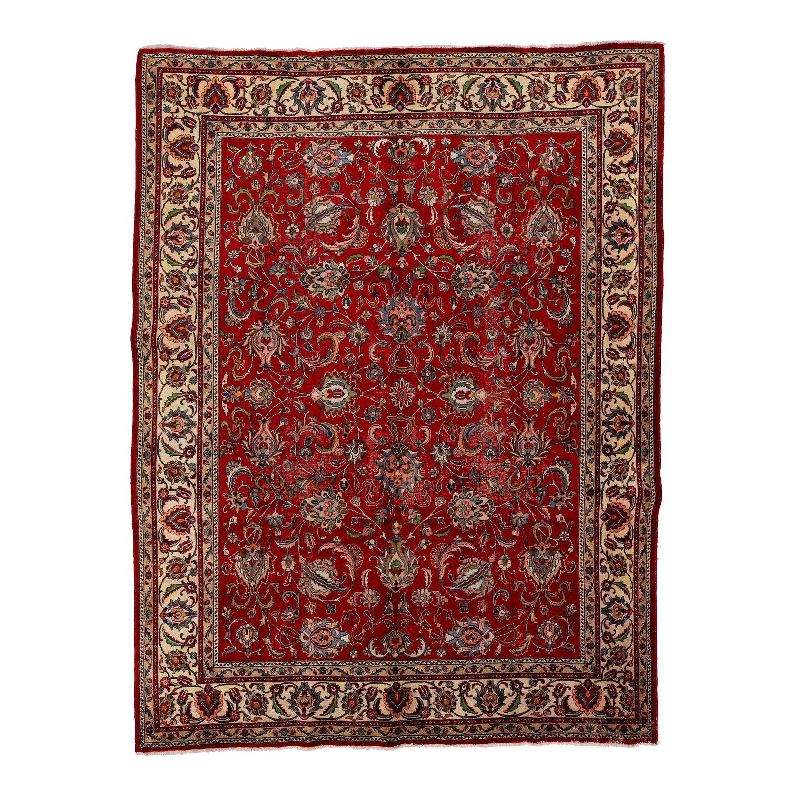 1960s Handmade Tabriz Wool Rug Red Floral Design 10'2 x 13': 1960s Handmade Tabriz Wool Rug Red Floral Design 10'2 x 13' Enhance your space with this exquisite vintage Tabriz handmade wool rug from the 1960s. Featuring a vibrant red field adorned with multicolo