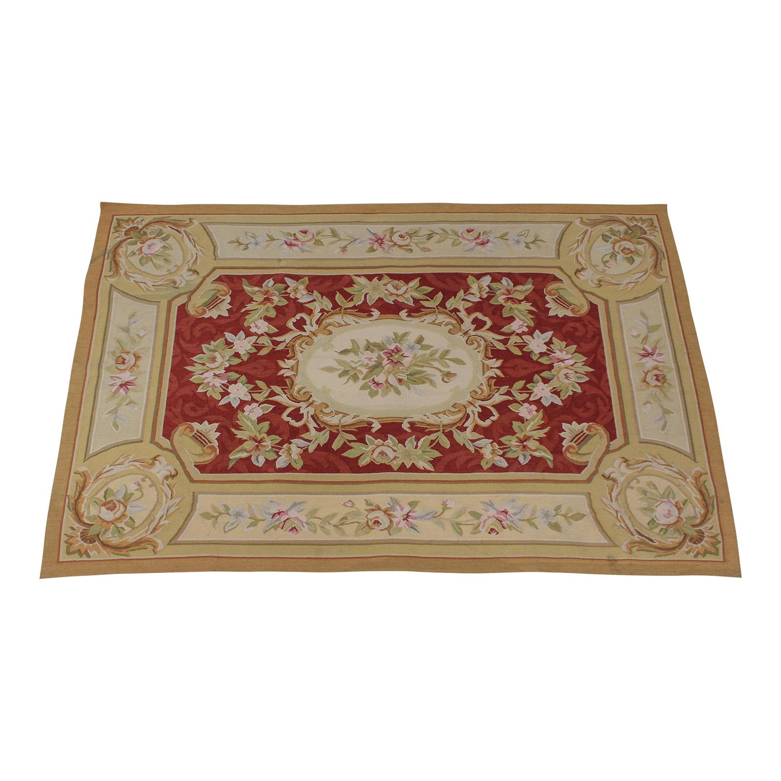 Vintage French Aubusson Hand-Knotted Red Area Rug 50 x 72: Vintage French Aubusson Hand-Knotted Red Area Rug 50 x 72 This exquisite French Aubusson area throw rug, measuring approximately 4x6 feet, showcases a tightly woven hand-knotted construction. With an 